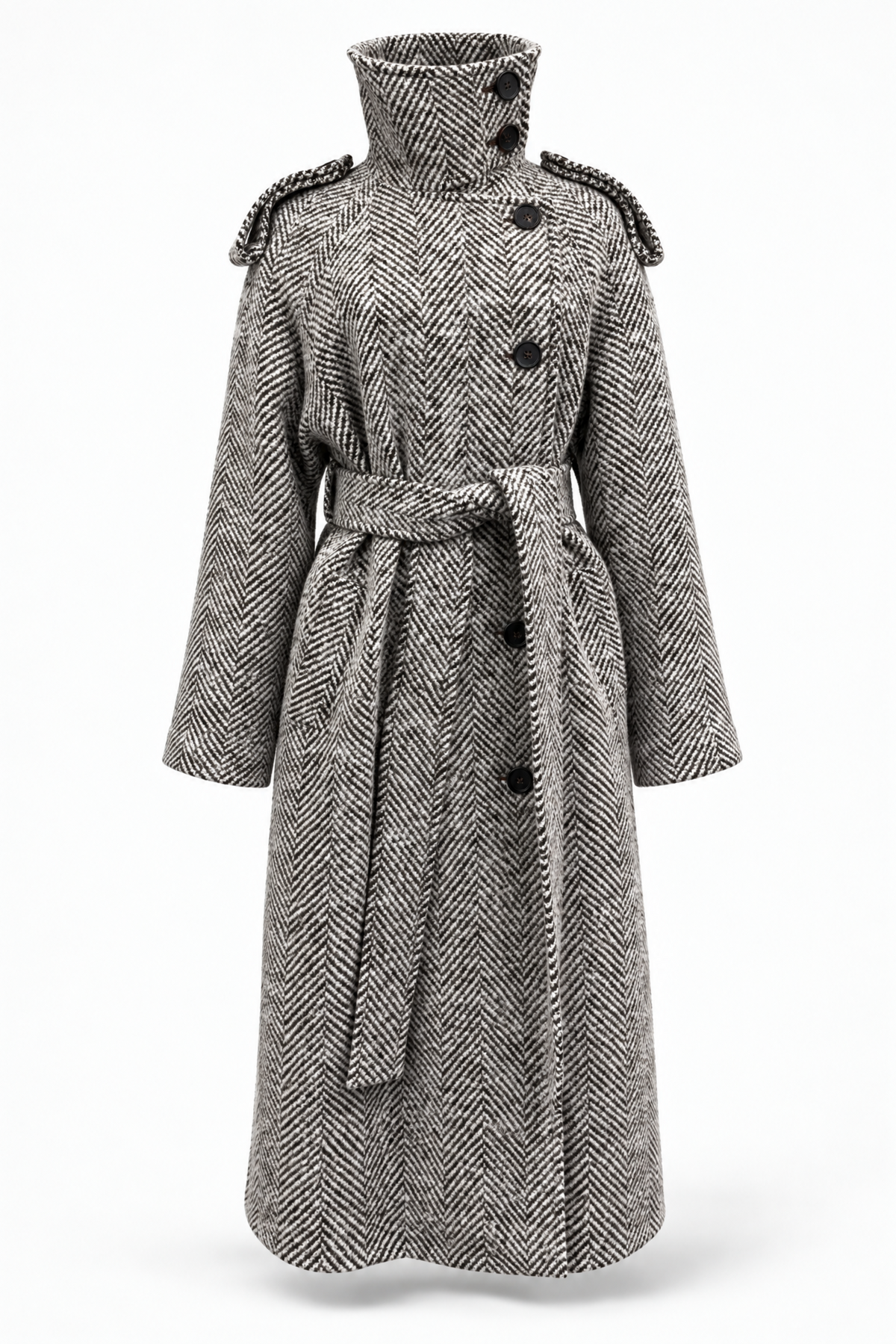 A gray and black herringbone patterned coat with shoulder epaulets, a high mock neck, and a matching waist tie, shown on a white background.