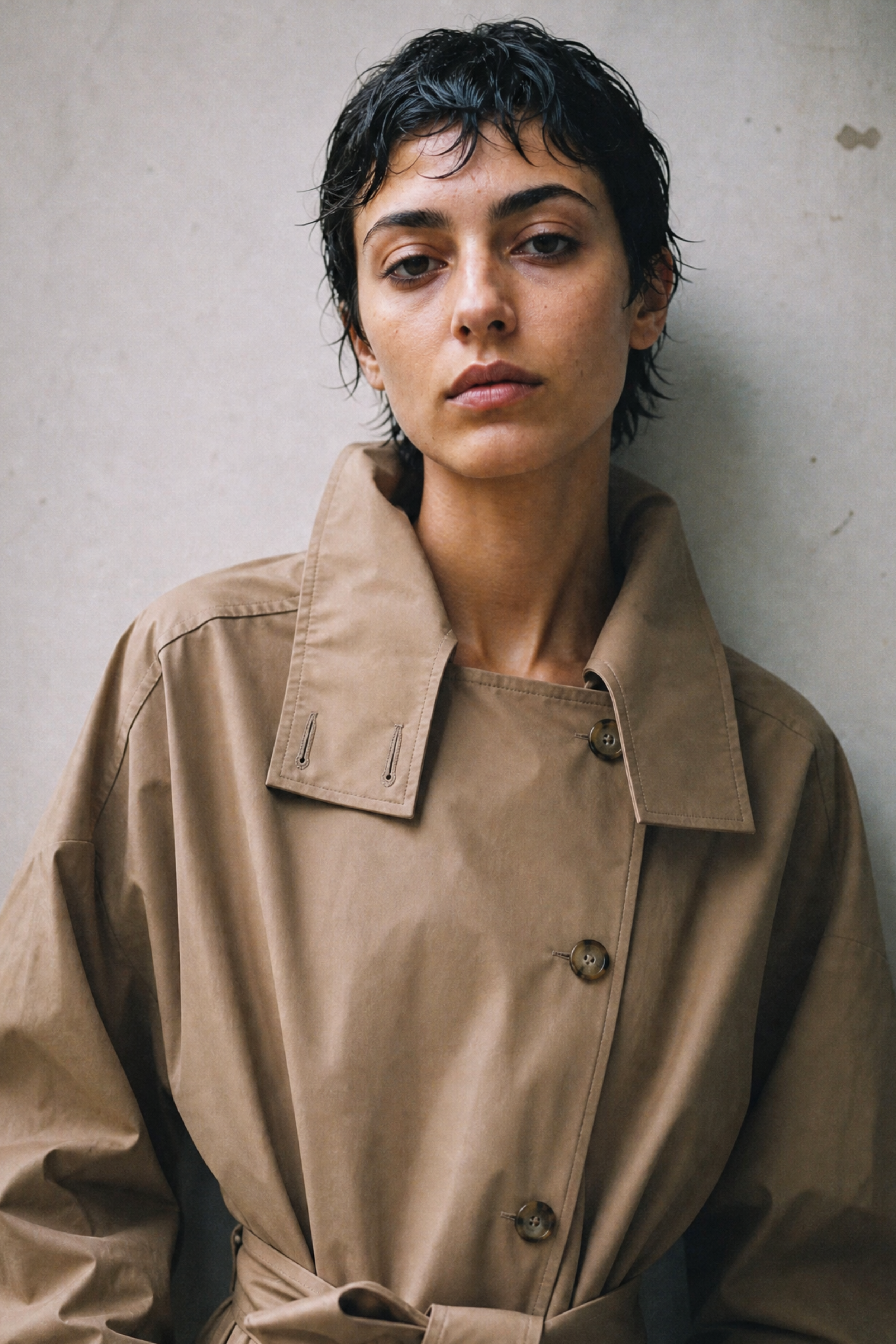 Woman wearing a beige trench coat against a plain background