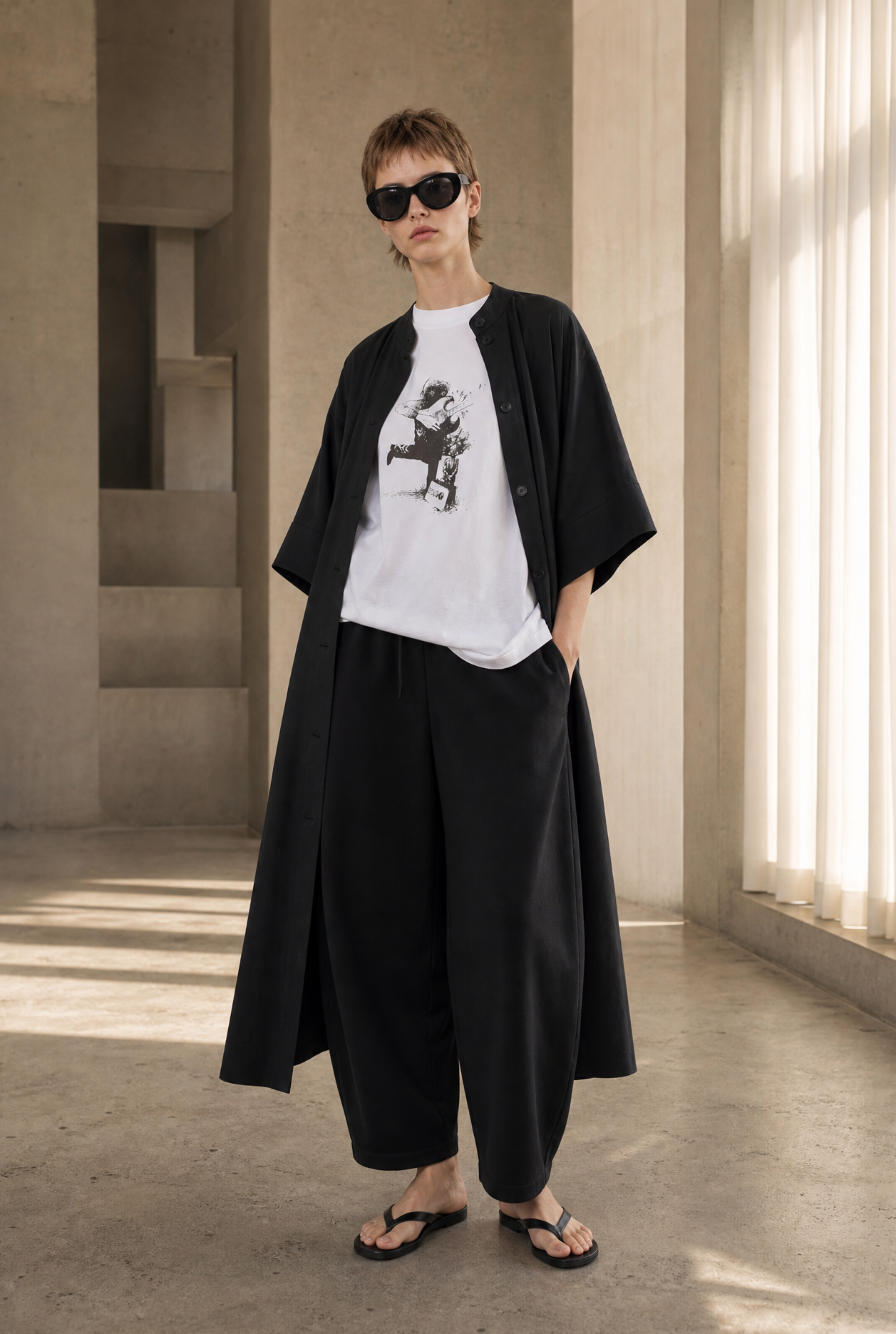 A model stands in a minimalist concrete building wearing a white graphic t-shirt, a long black open-front cardigan, wide-leg black pants, and black flip-flops.