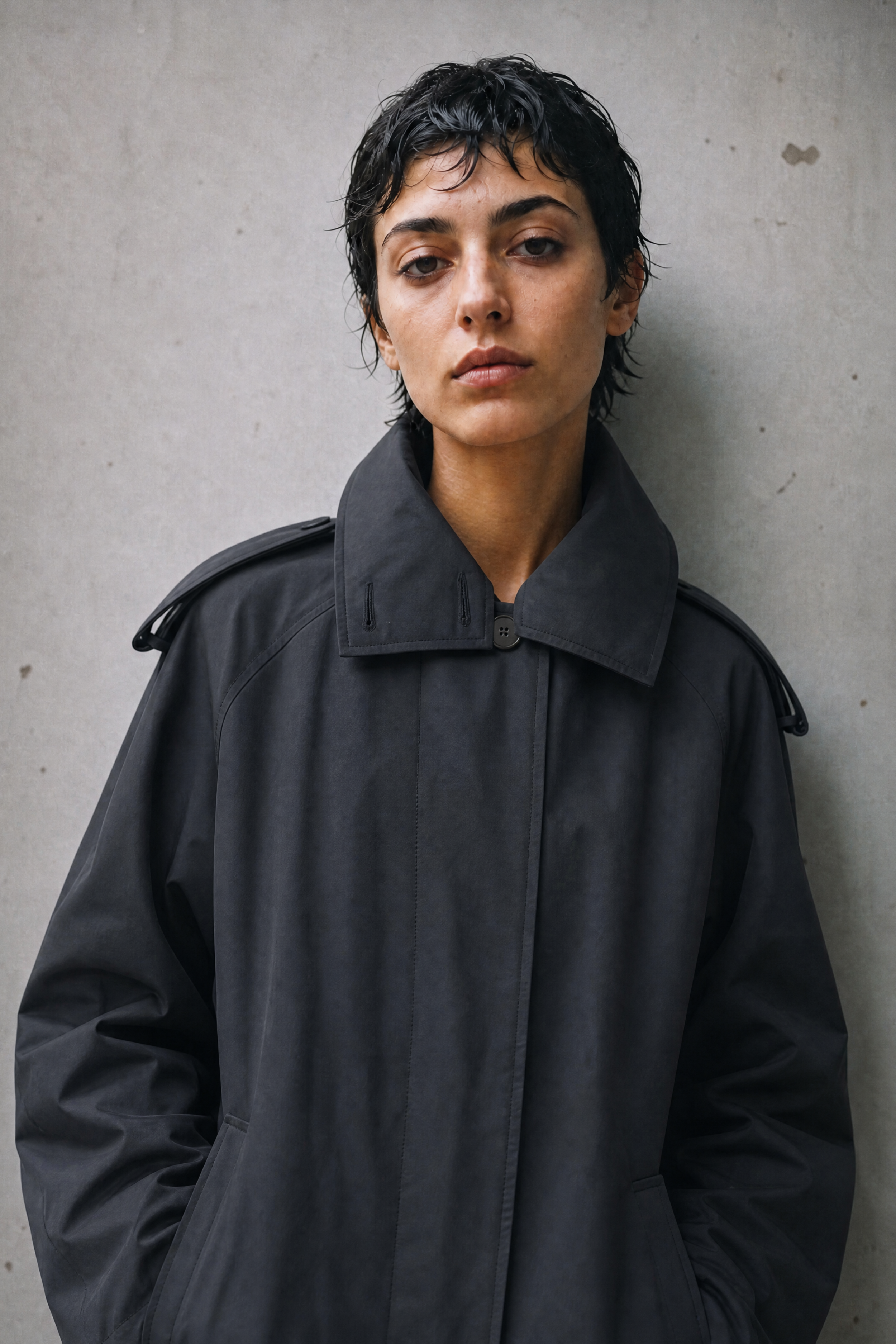Person wearing a black coat against a gray background