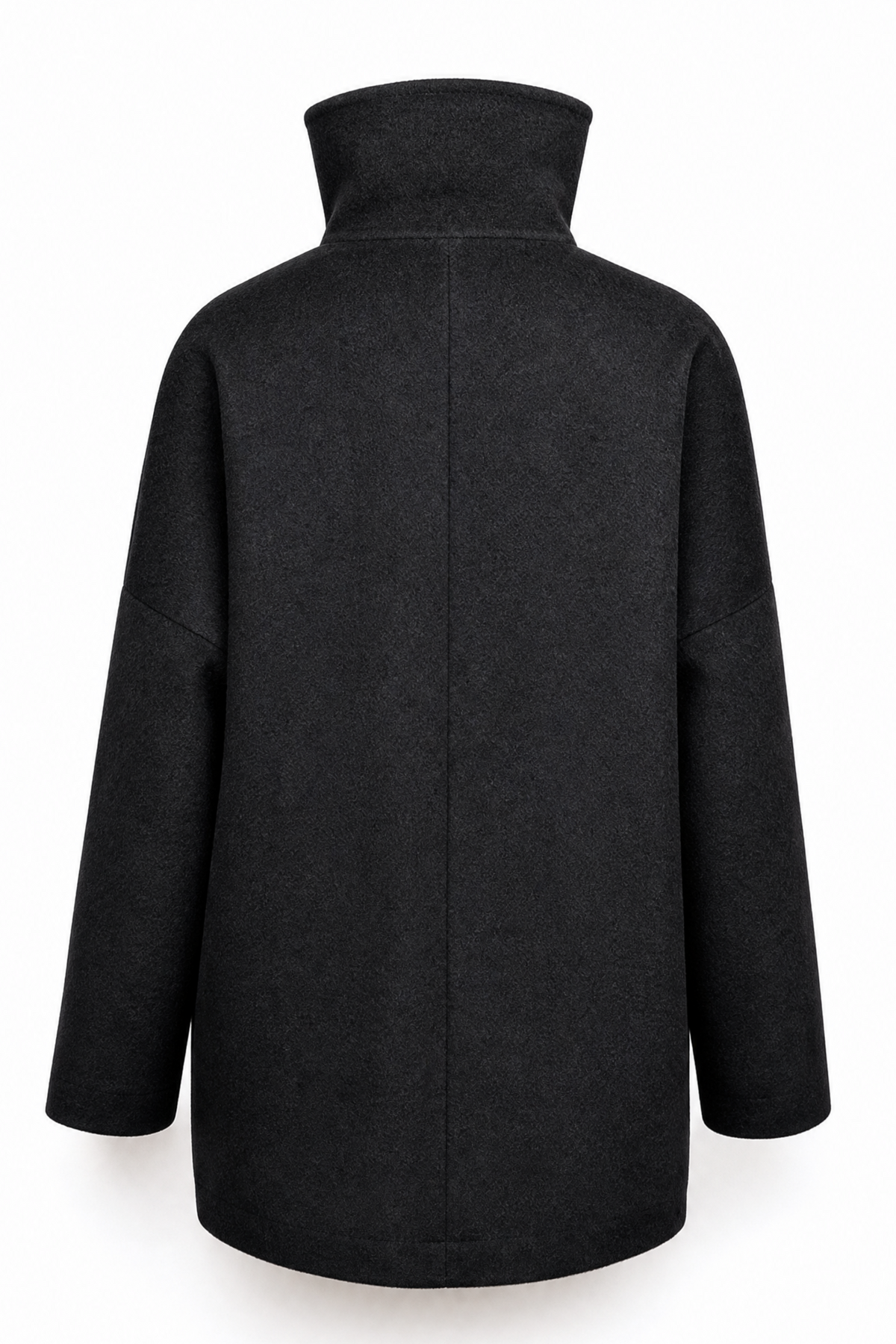 A black wool coat with a high mock neck collar, shown from the back against a plain white background.