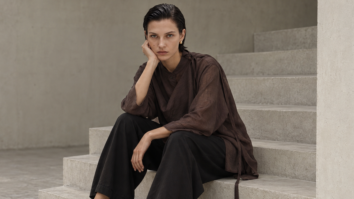 A woman sits on concrete stairs wearing a loose brown top, black wide-leg pants, and brown pointed flats in a minimalist concrete setting.