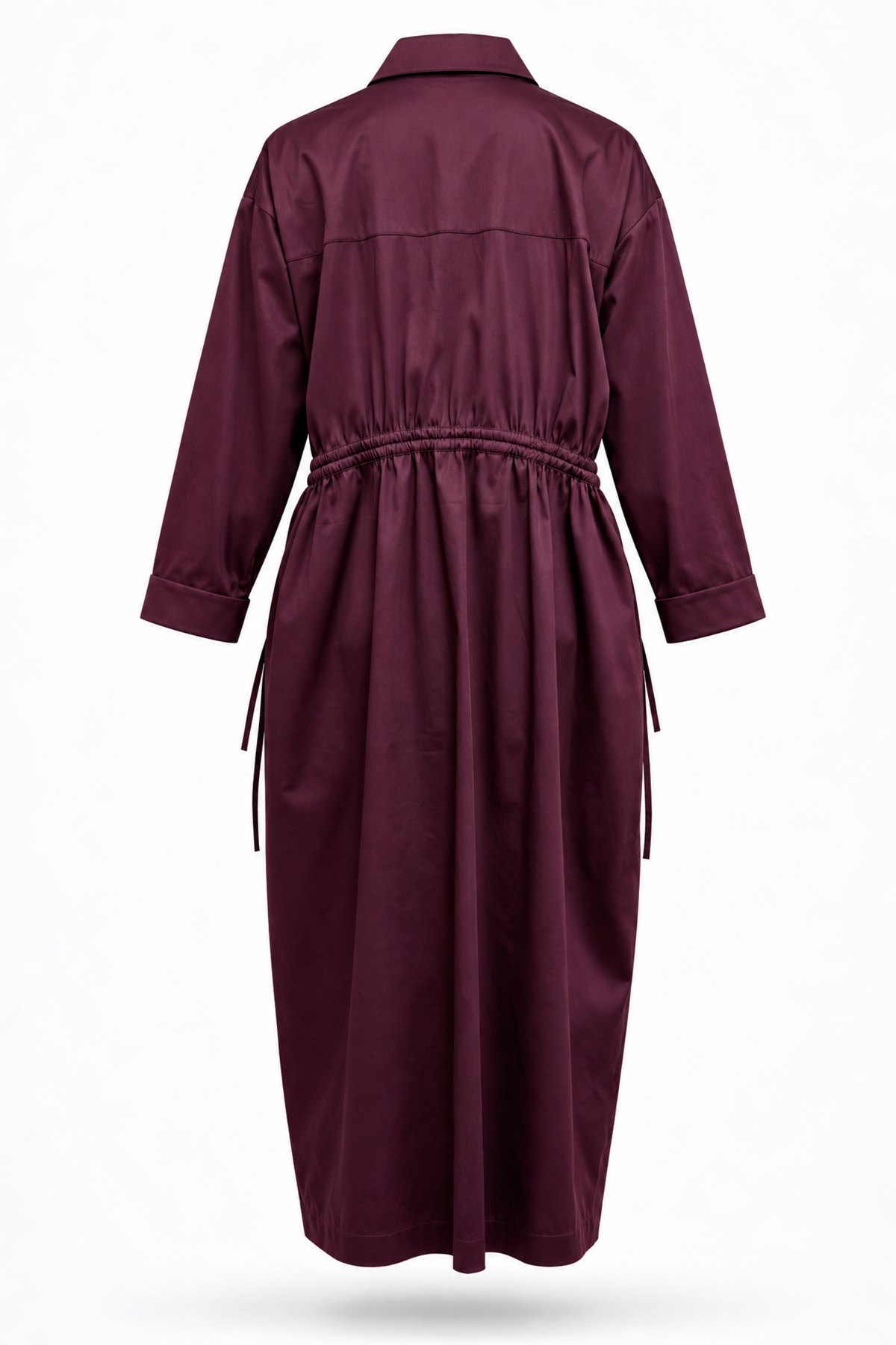 A long-sleeved, collared dress in a deep burgundy or plum color, shown from the back against a plain white background.