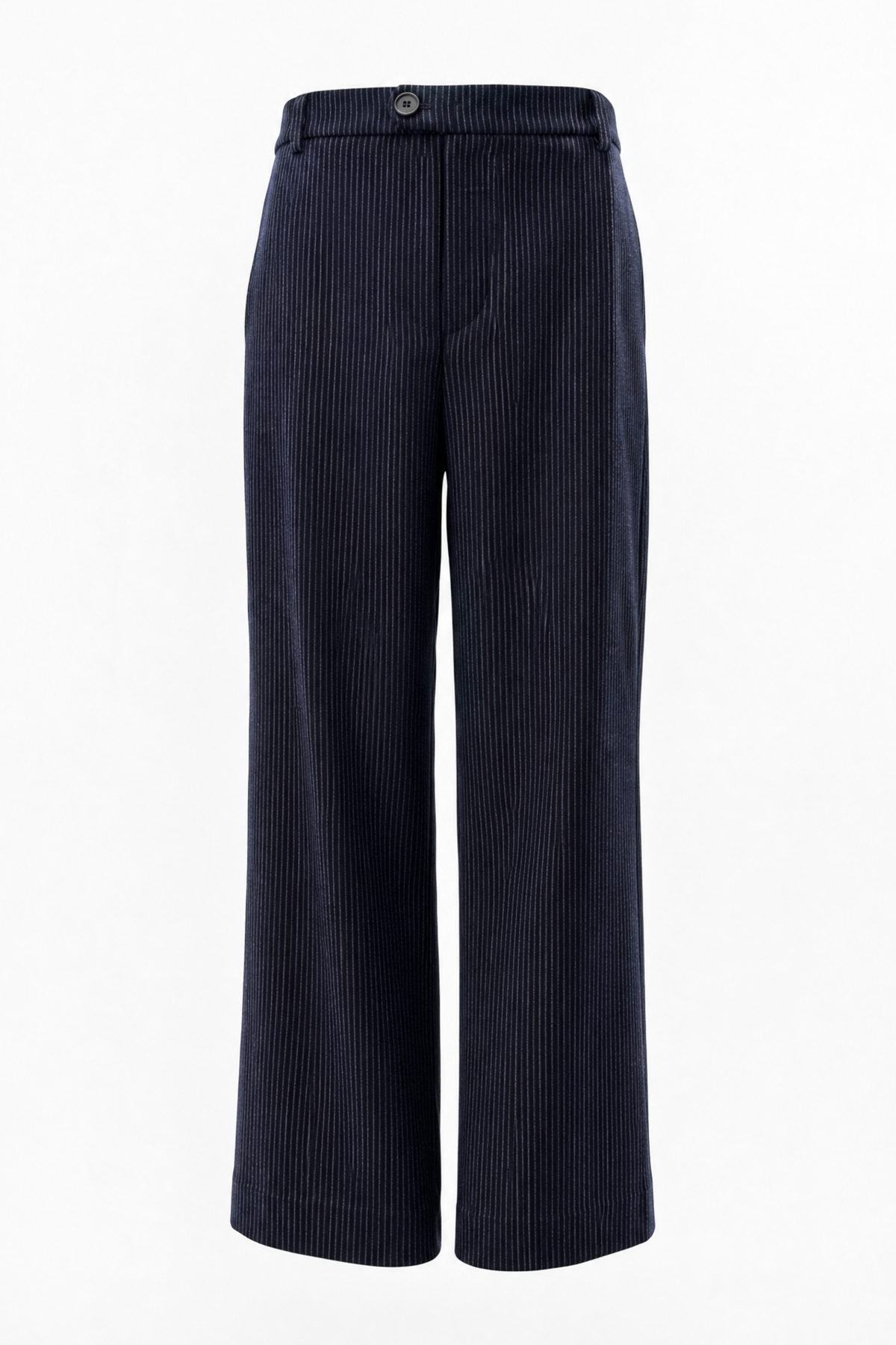 A pair of dark navy blue pants with a button waistband, shown against a plain white background.