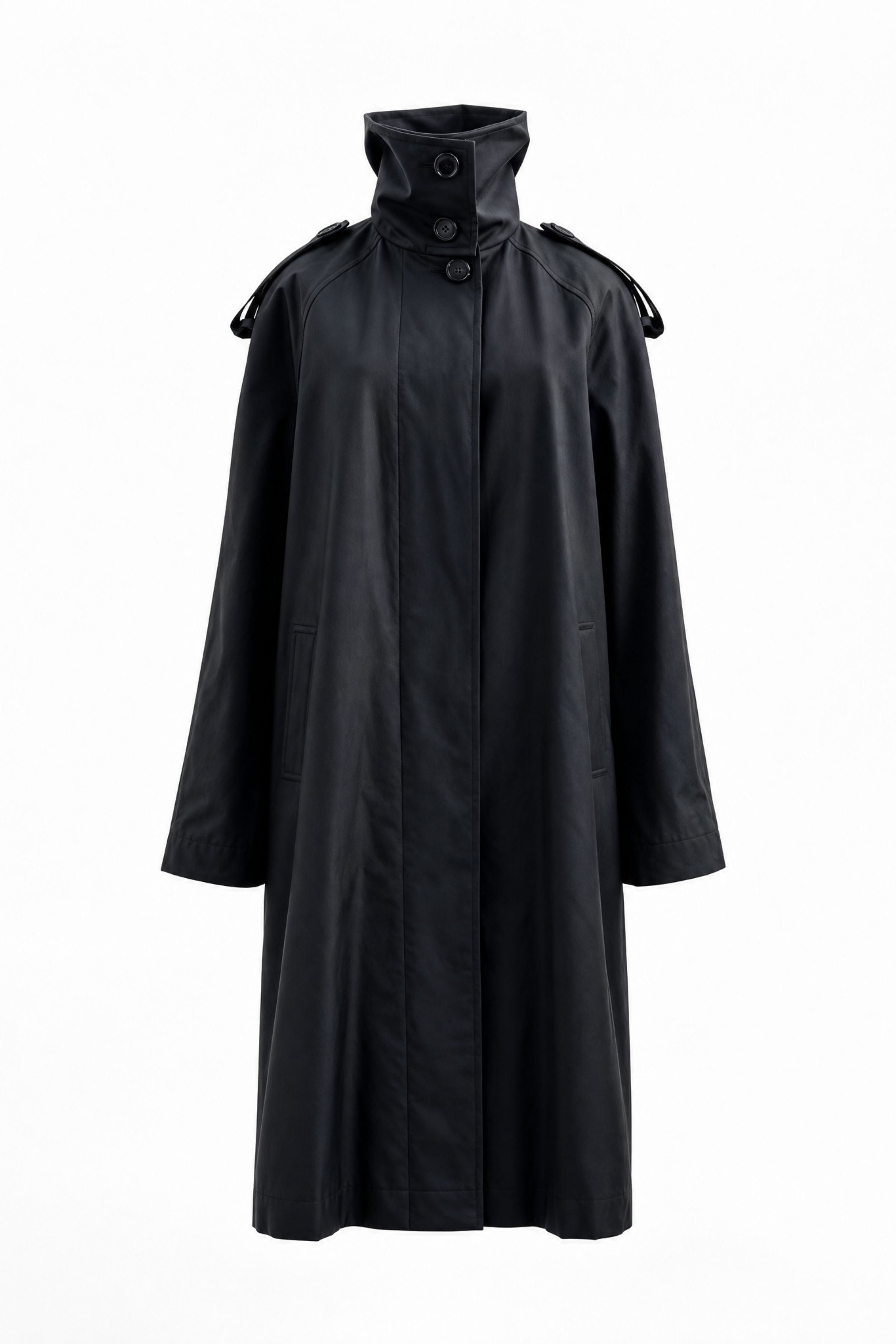 Black cape with button details on a white background