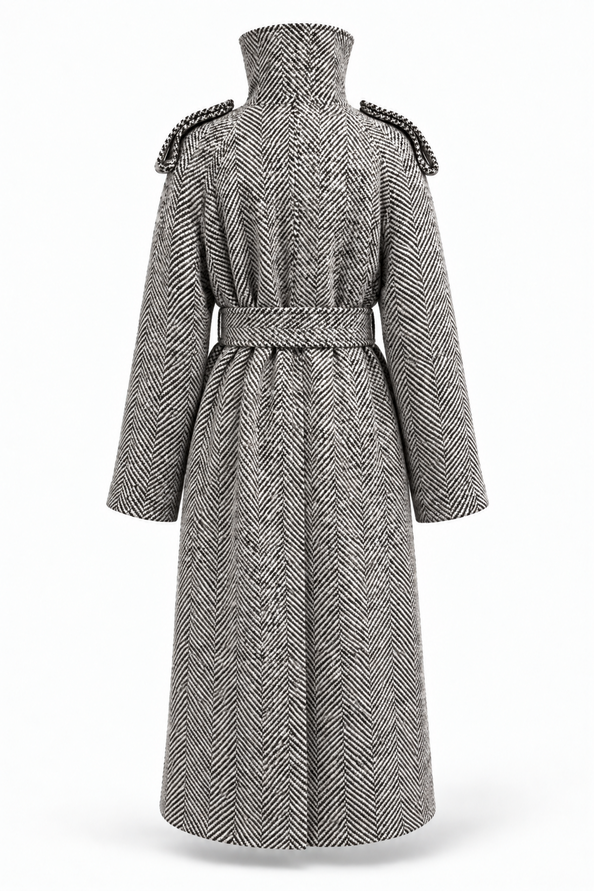 A long gray and black herringbone patterned coat with a high collar, matching waist belt, and beaded shoulder details, shown on a white background.