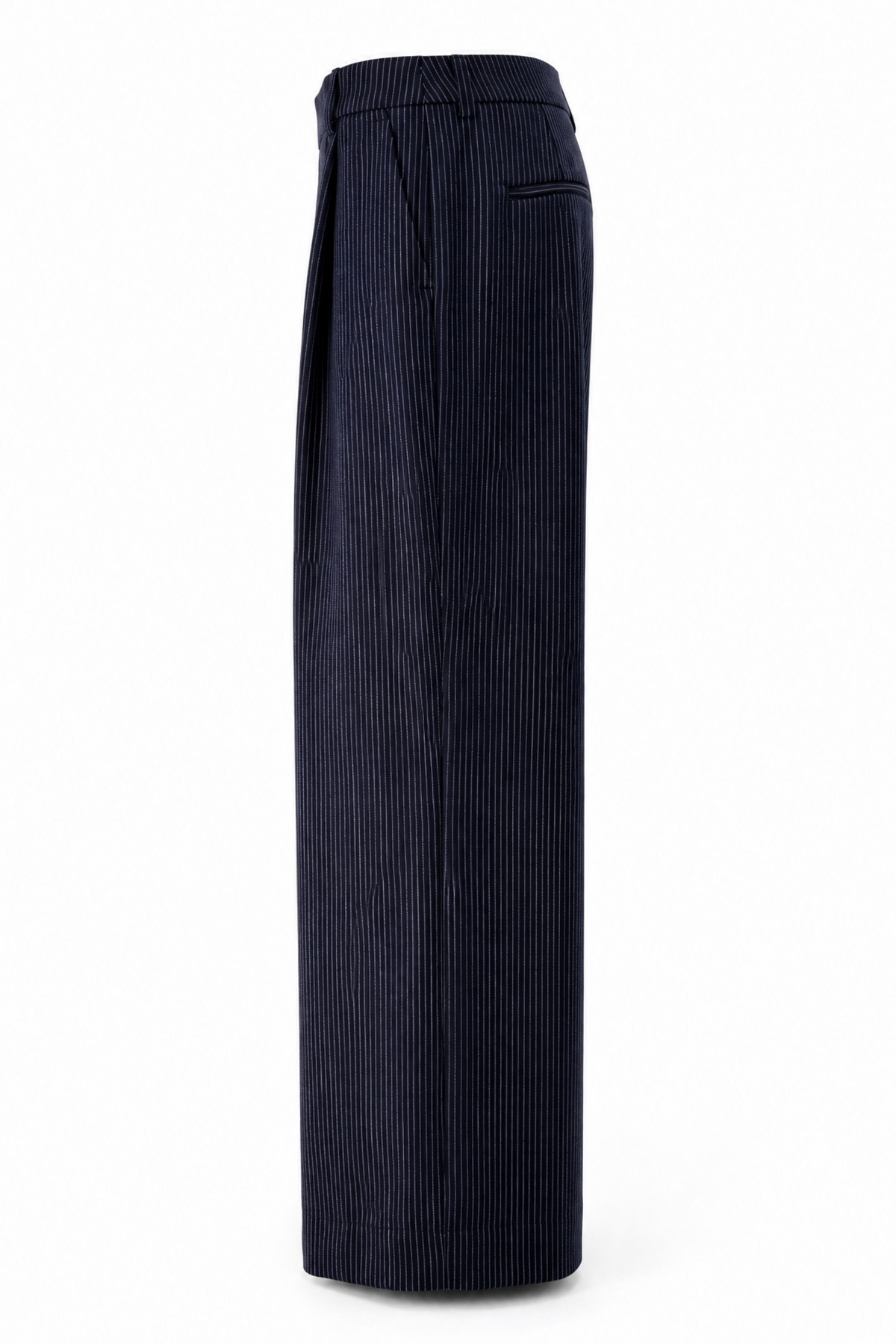 A pair of dark navy blue trousers shown from the side on a clean white background.