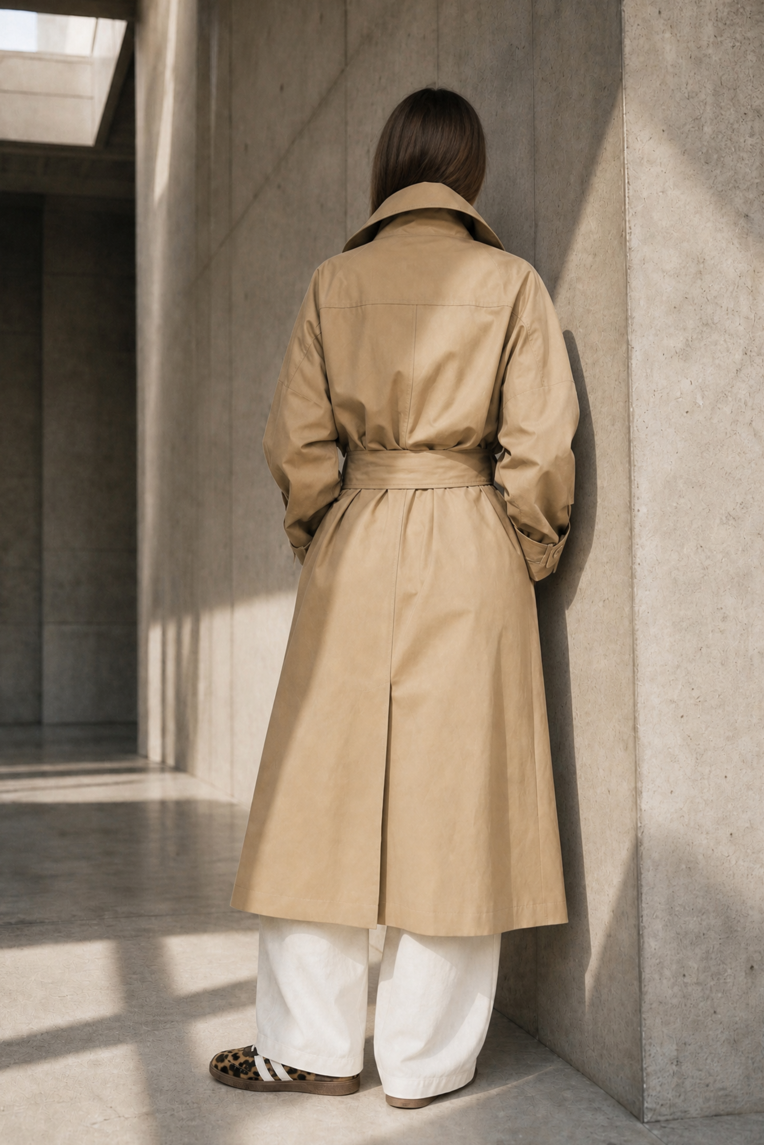 Person wearing a beige trench coat standing against a concrete wall.