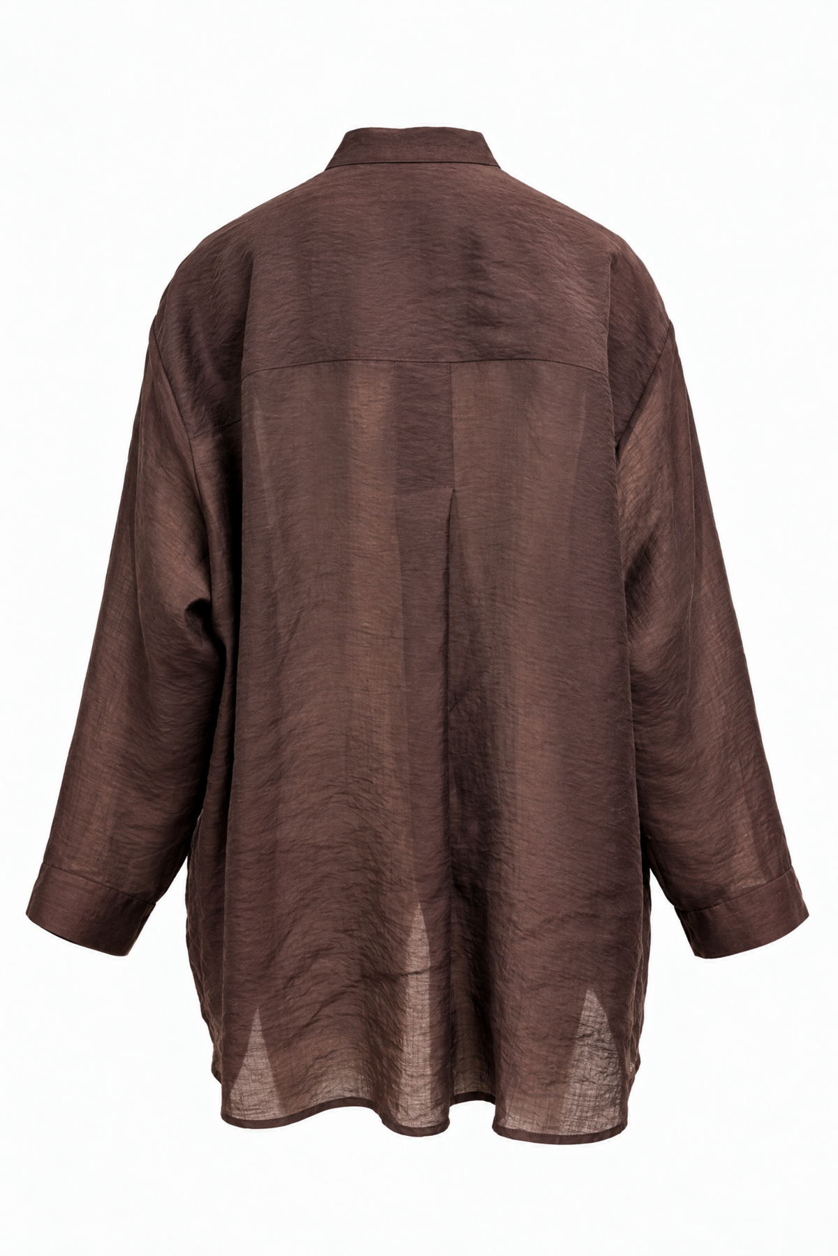 A brown, lightweight textured shirt shown from the back, featuring a collar, long sleeves, and a relaxed fit, photographed against a solid white background.