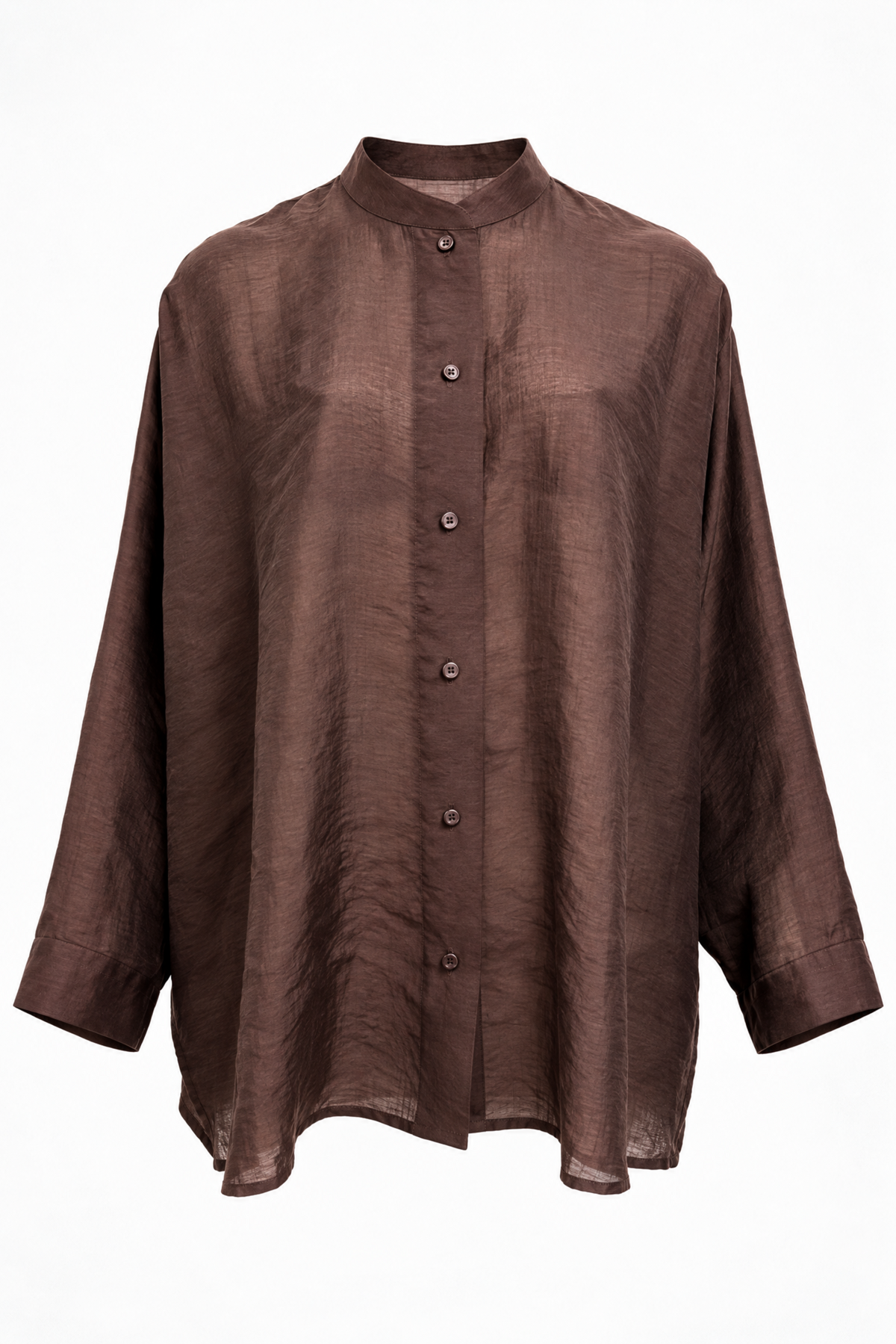 A brown long-sleeve button-up shirt with a high stand collar, shown against a plain white background.