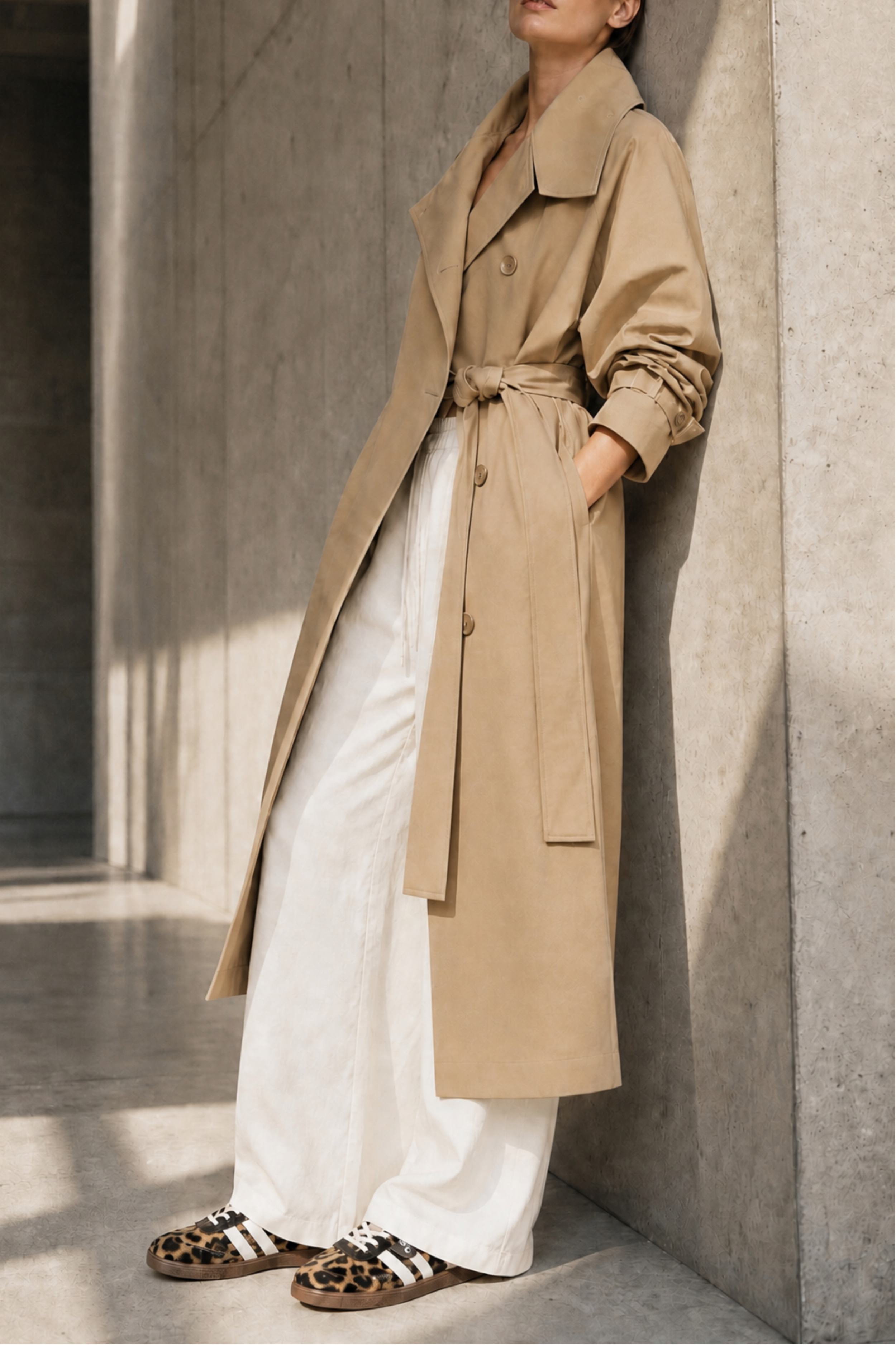 Woman in a beige trench coat standing against a concrete wall.