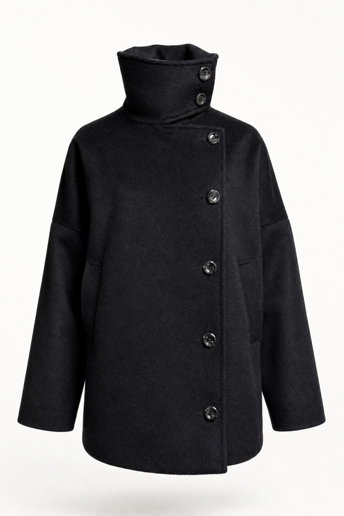 A black wool coat with a high stand-up collar and asymmetrical button closure, displayed on a clean white background.