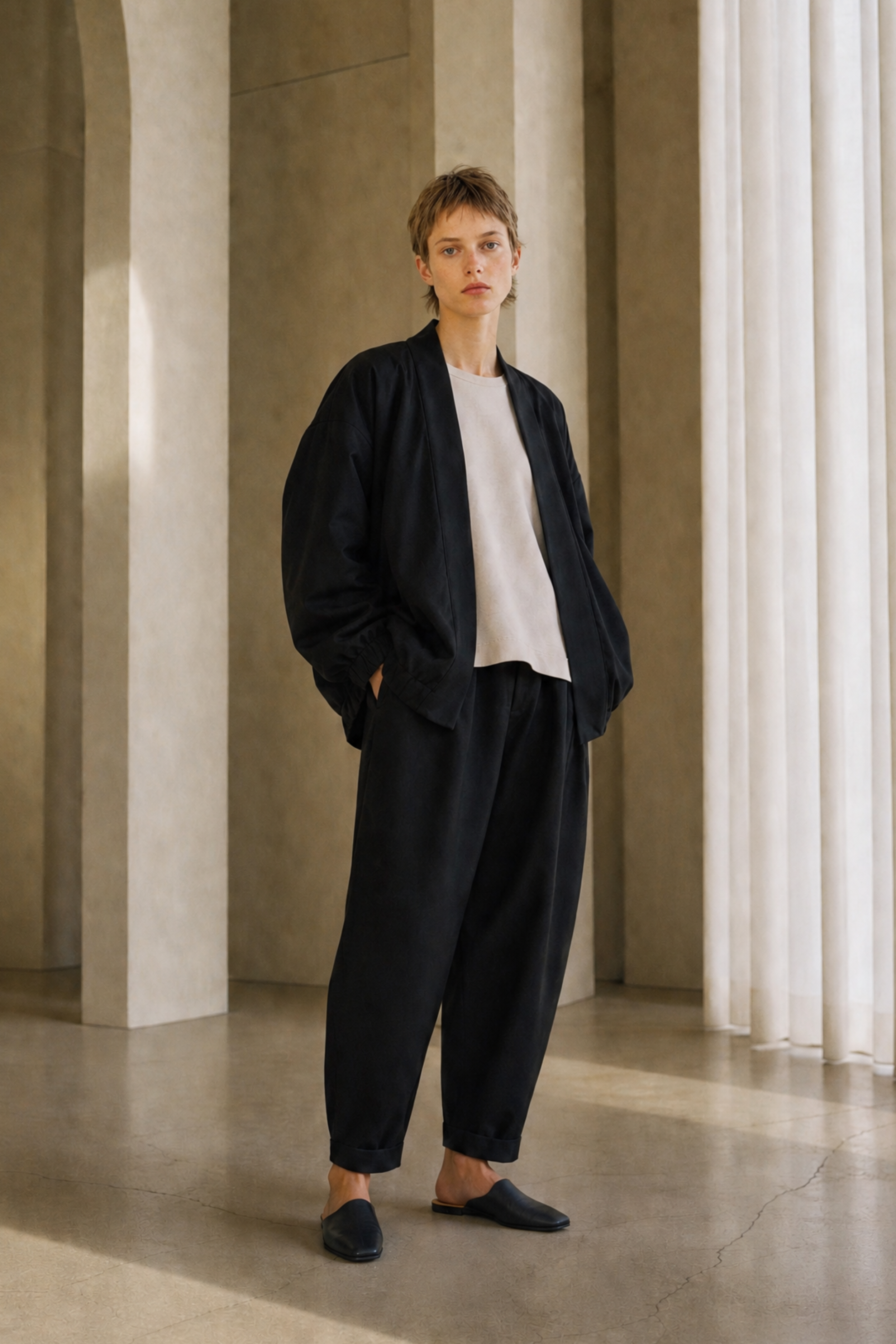 A person stands in a minimalist interior with concrete arches and sheer white curtains, wearing a loose black jacket and matching wide-leg pants over a white T-shirt, with dark slip-on shoes.