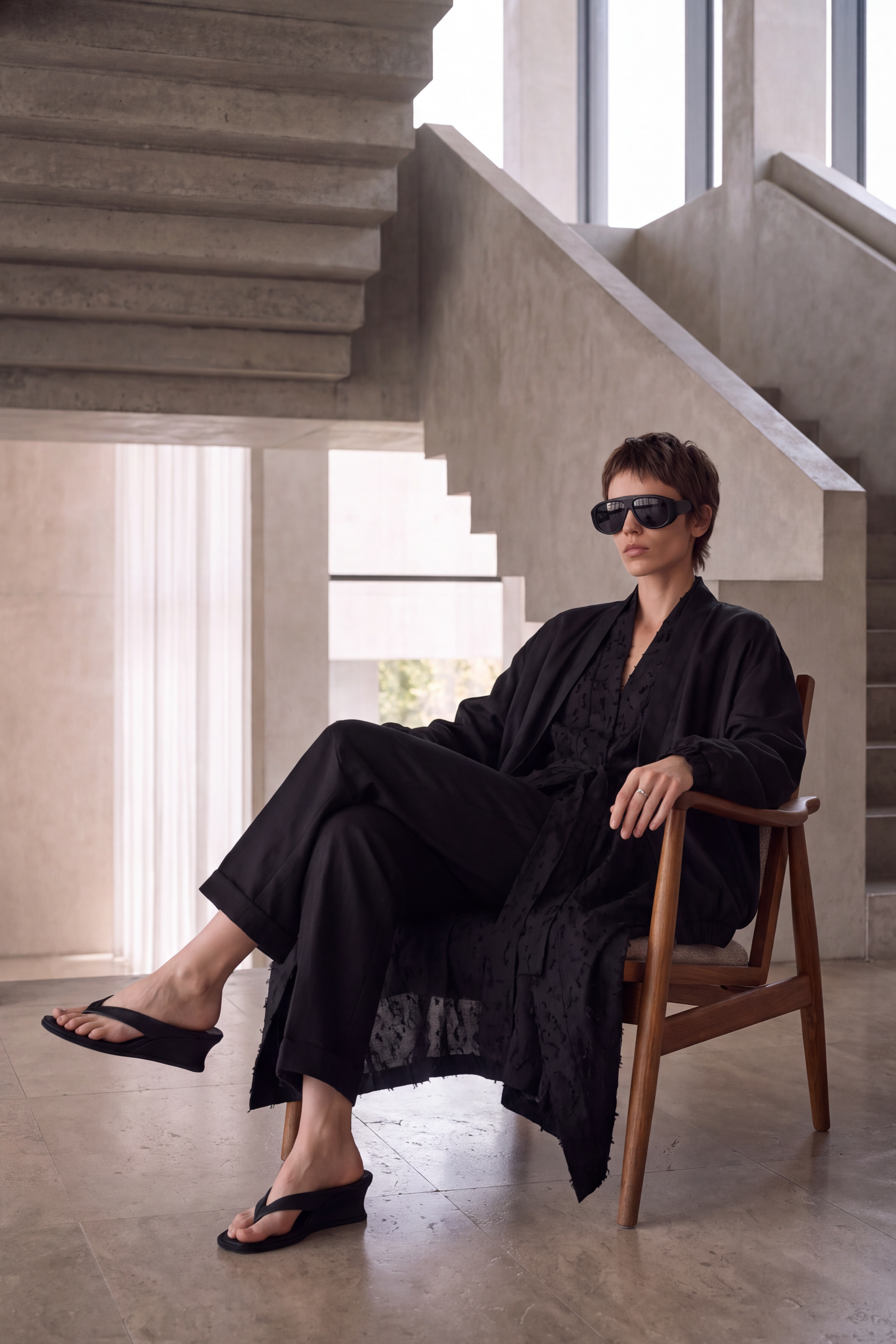 A person wearing a black robe and black flip-flop sandals sits on a wooden chair in a modern concrete staircase interior.