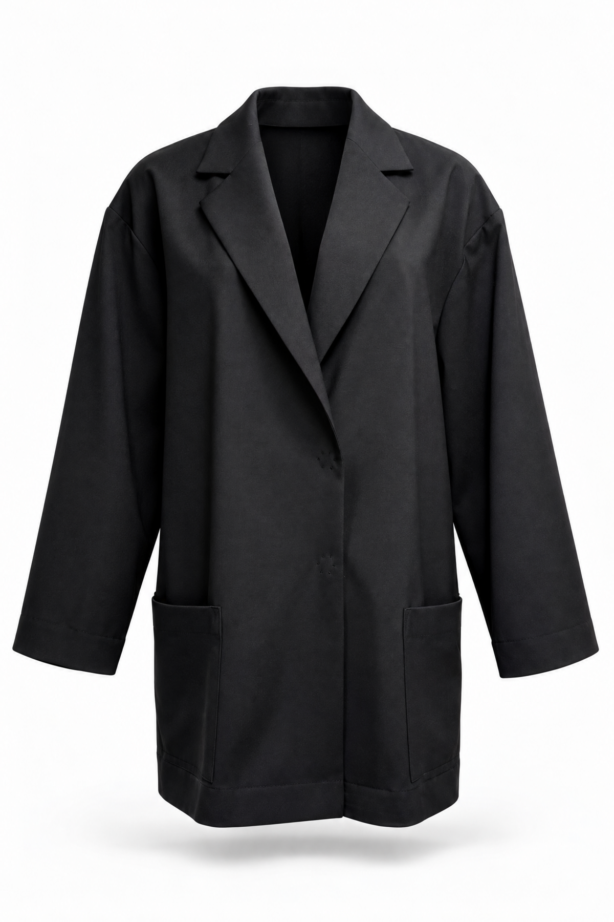 A black longline blazer-style coat with notched lapels, long sleeves, and two large front patch pockets, shown on a plain white background.