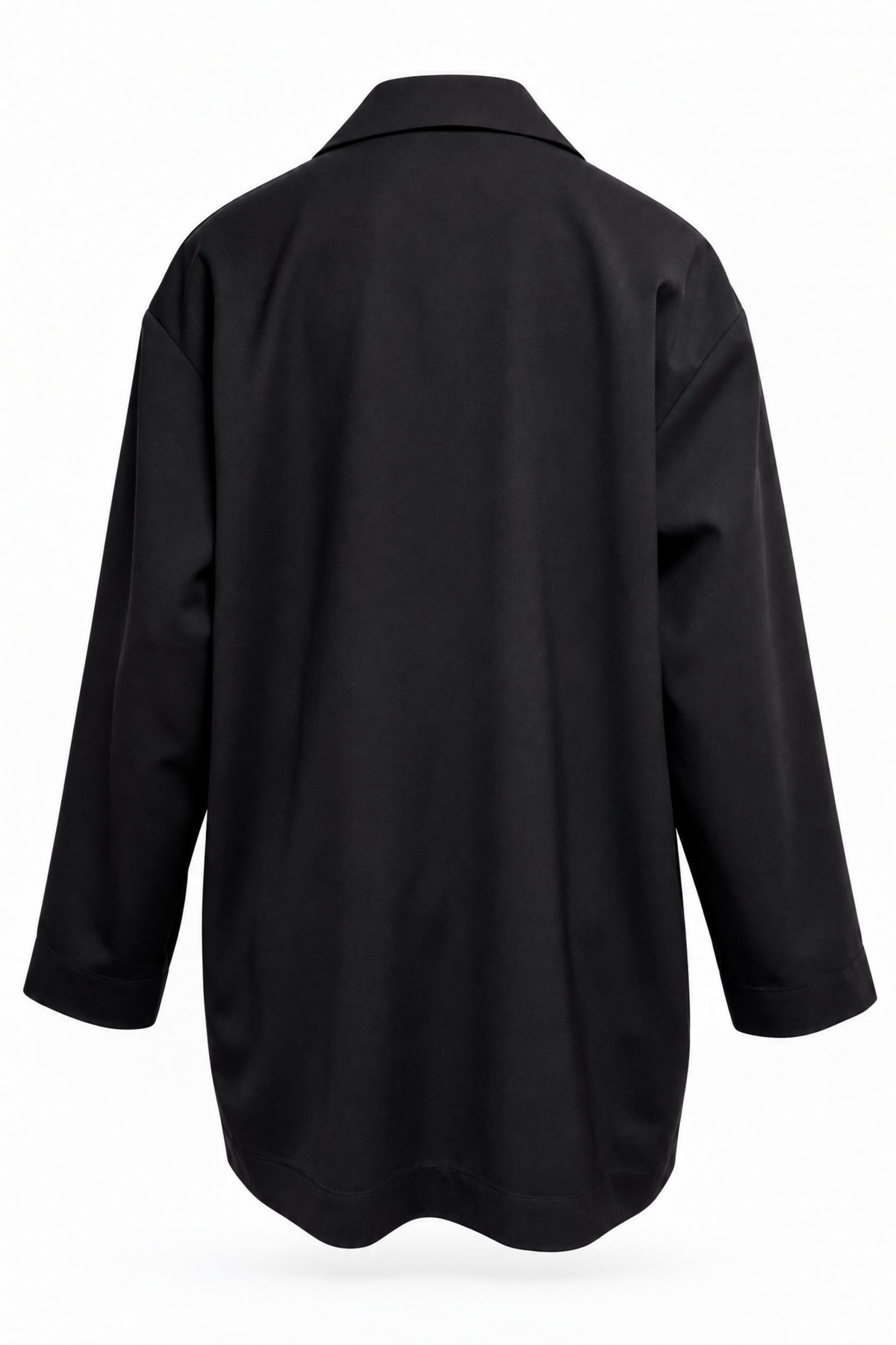 A black long-sleeve button-up shirt shown from the back, photographed against a clean white background.