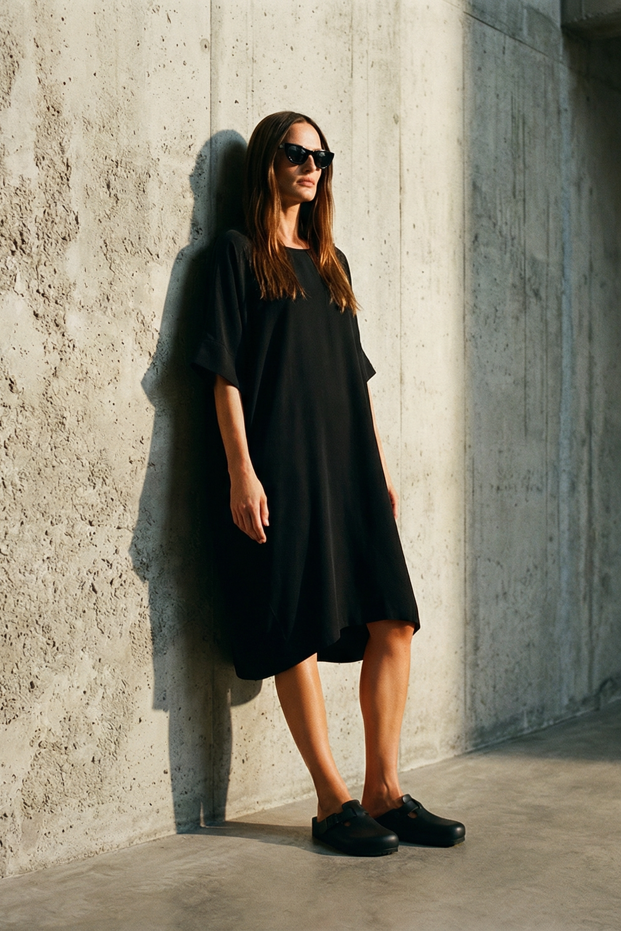 Woman in a black dress standing against a concrete wall.