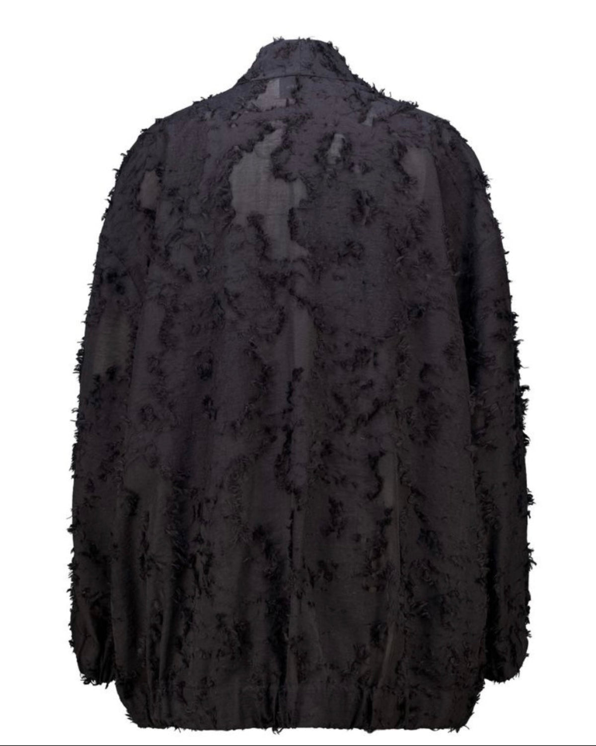 A black textured, heavily distressed jacket with a high collar, shown from the back against a plain white background.