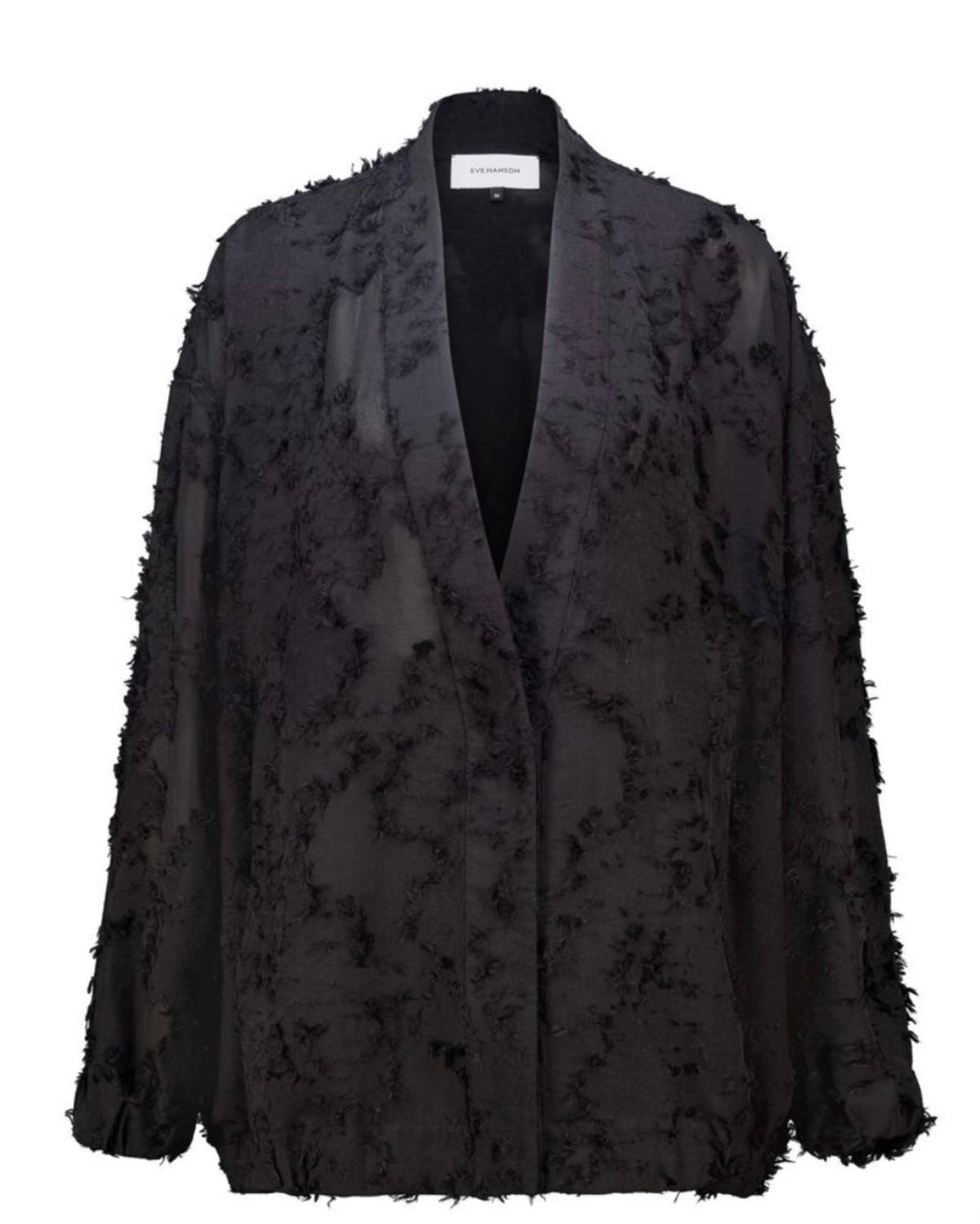 A black textured open-front jacket with long sleeves, featuring a heavily distressed, frayed, and tattered fabric finish, shown on a plain white background.