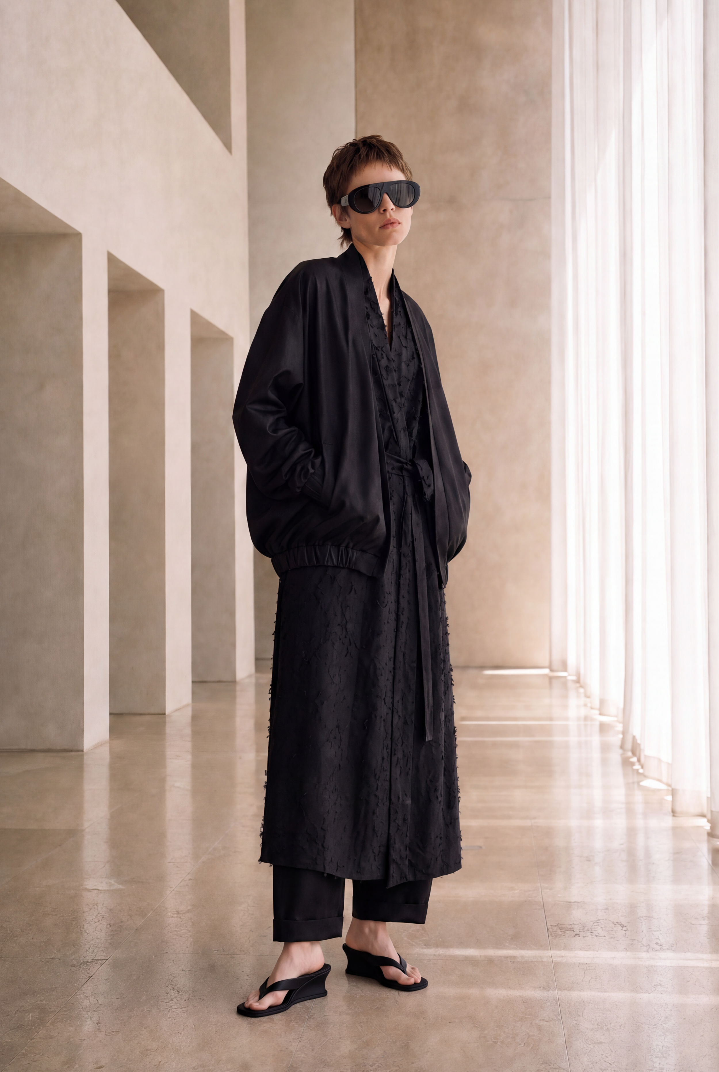 A model wearing a long black textured robe and black pants stands in a minimalist, modern interior hallway with concrete walls and floor.