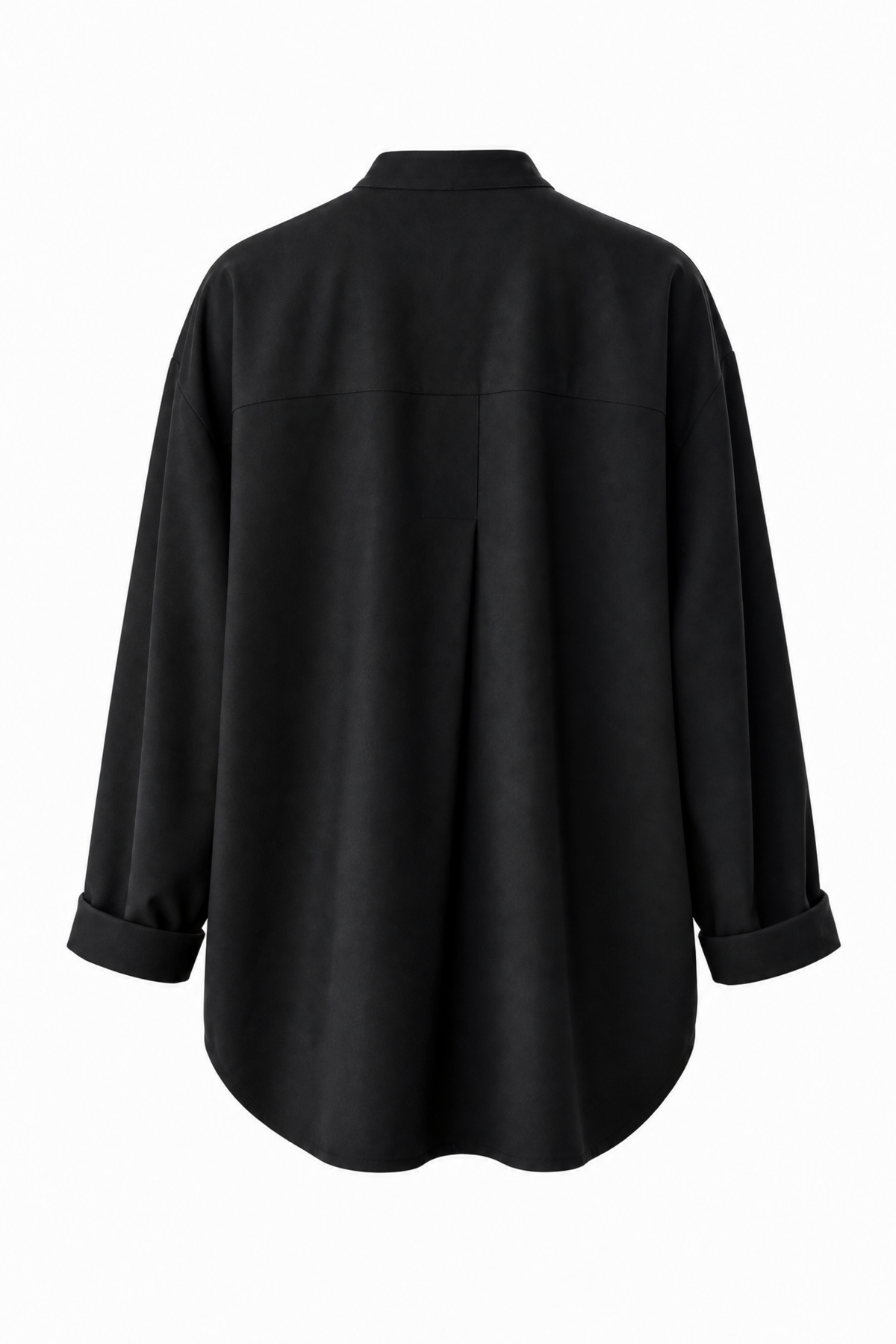 A black long-sleeve button-up shirt shown from the back, featuring a relaxed fit, a collar, and rolled cuffs, photographed against a plain white background.