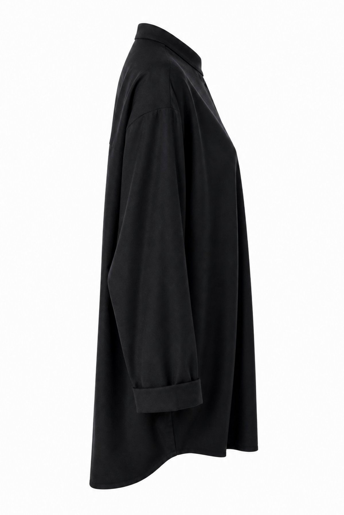 A black shirt-blouse shown from a side profile view against a plain white background.