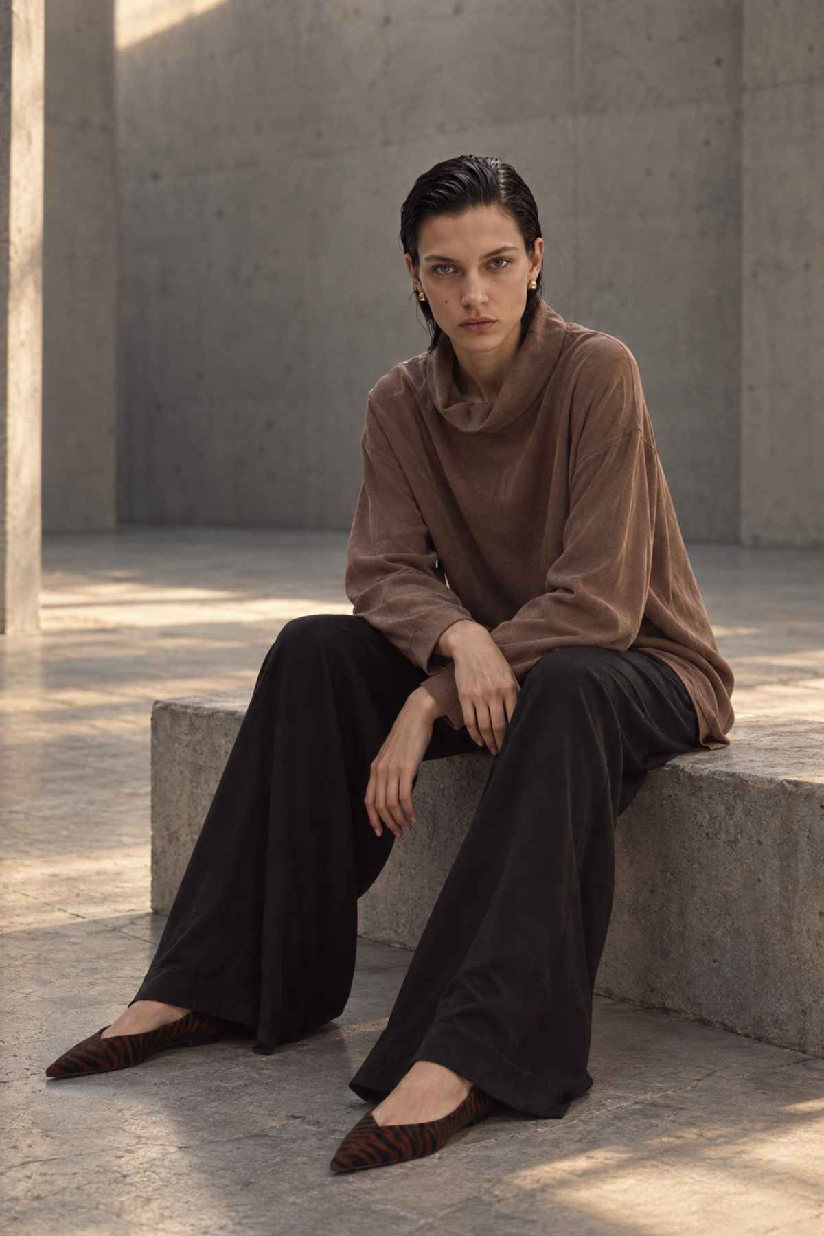 A model sits on a concrete ledge in a minimalist concrete-walled room, wearing a brown turtleneck top, black wide-leg pants, and brown pointed flats.