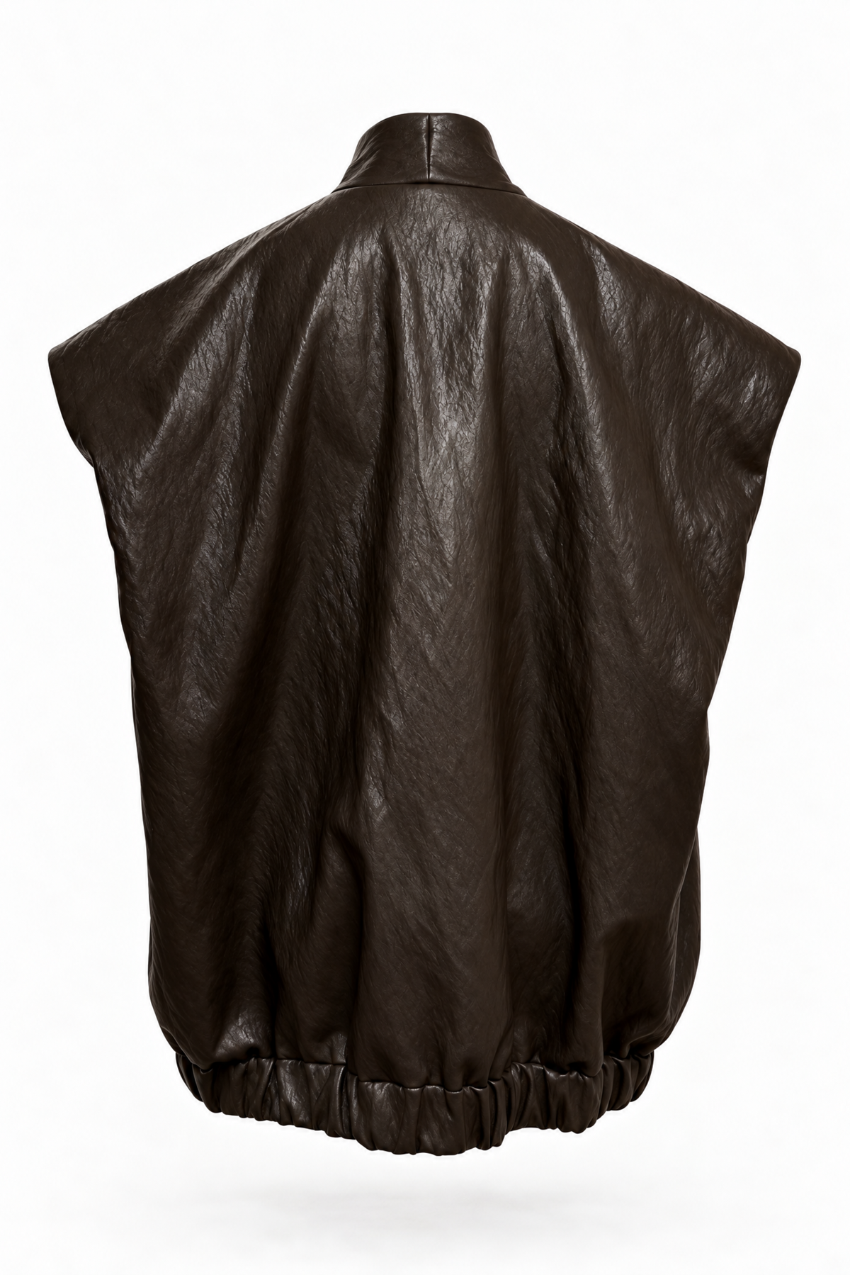 A dark brown crinkled faux-leather poncho cape with a high collar and elasticated hem, shown from the back on a white background.