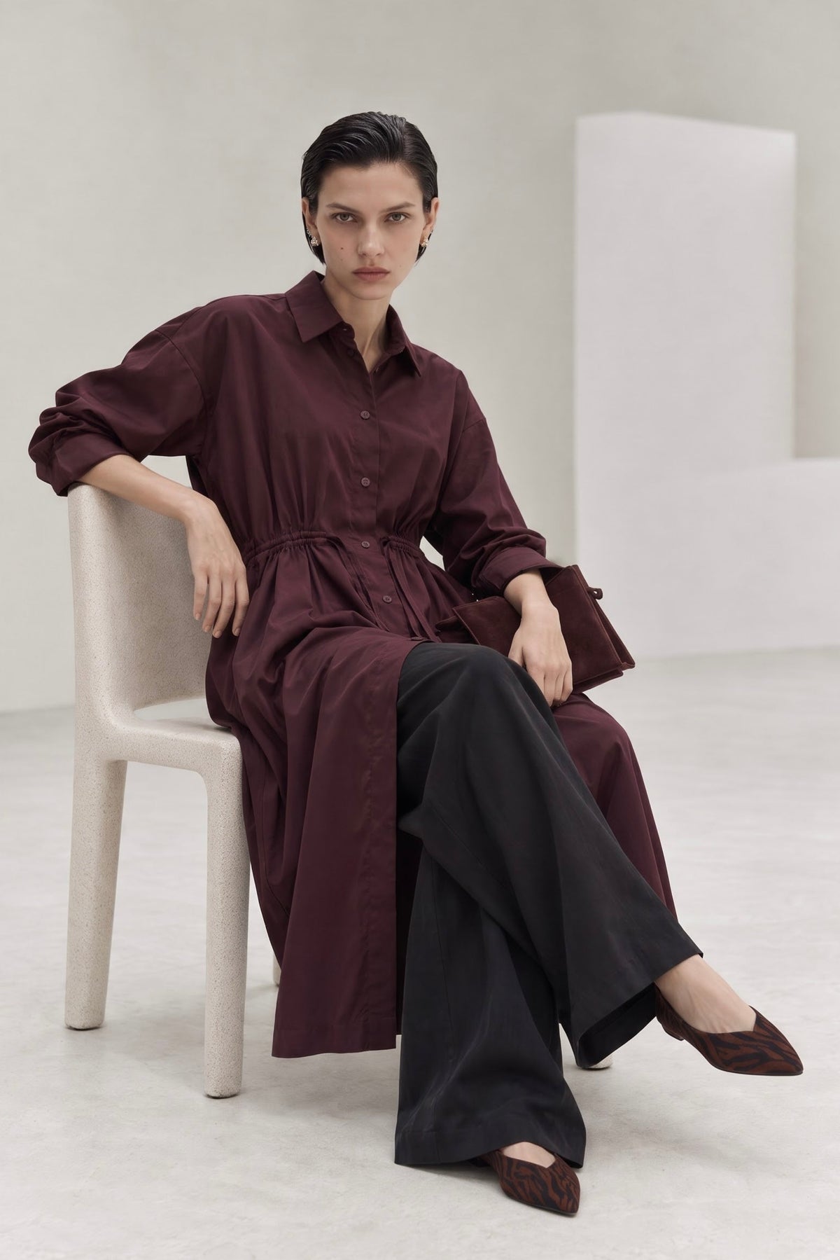 Burgundy long-sleeve shirt dress