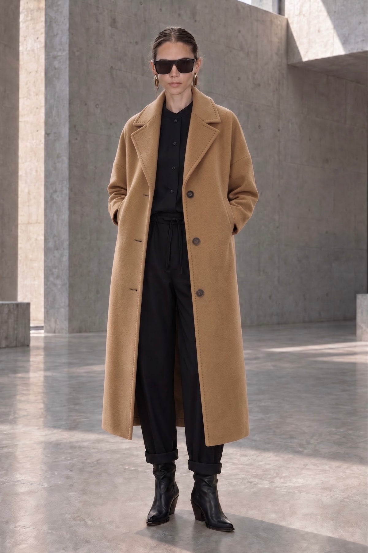 A model stands in a concrete architectural setting wearing a long camel wool-blend coat over a black outfit, complete with black boots, sunglasses, and a black top.
