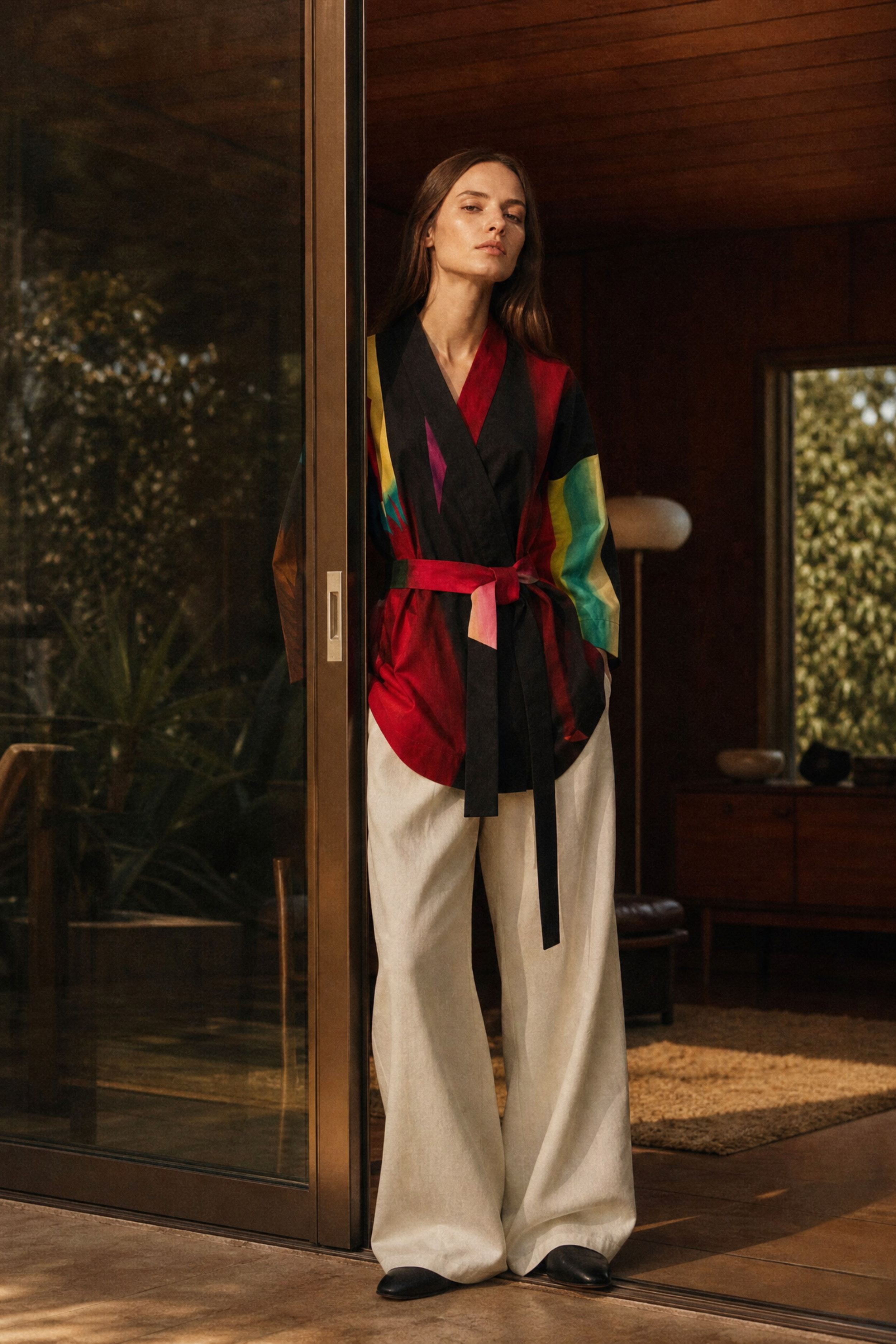 Woman in a colorful outfit standing in a room with wooden walls and plants.