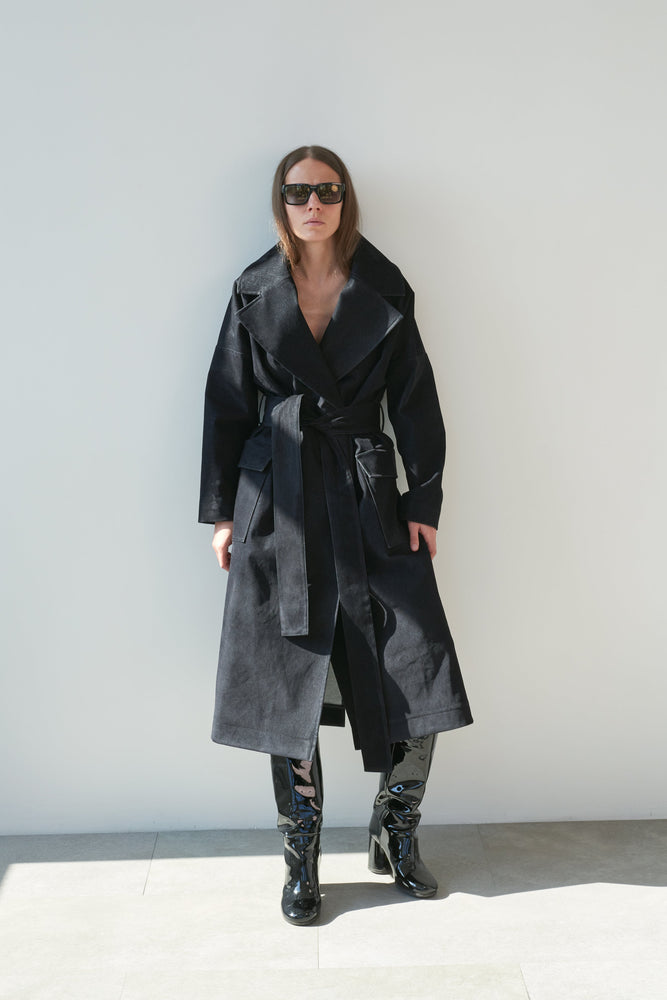Velvety Black Cotton Trench Coat