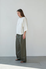 Khaki Cotton Satin Pants with Elastic Waist