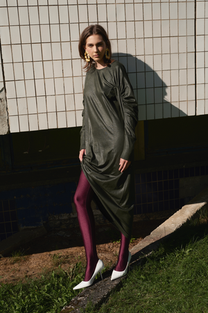 Jersey dress with flared sleeves in dark green