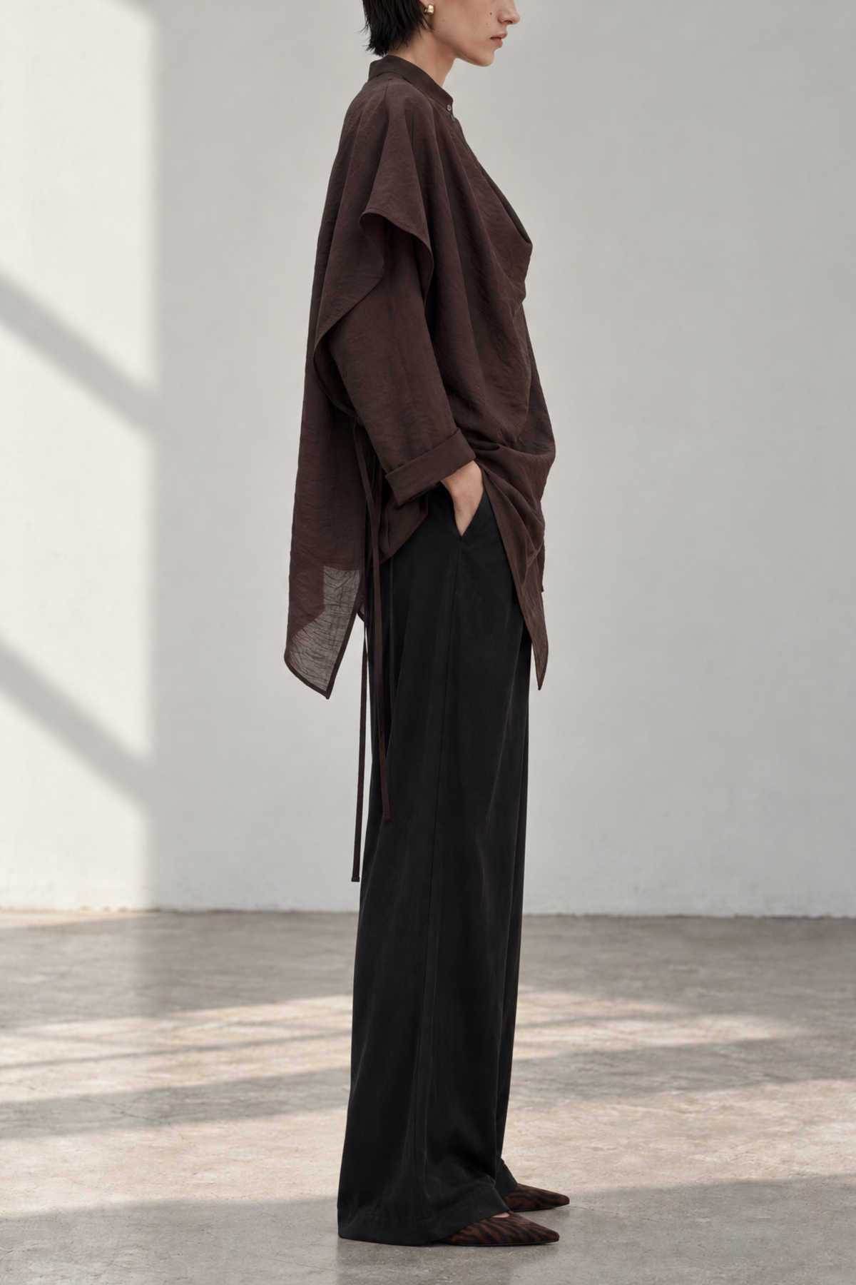 Dark brown light wrap shirt-blouse