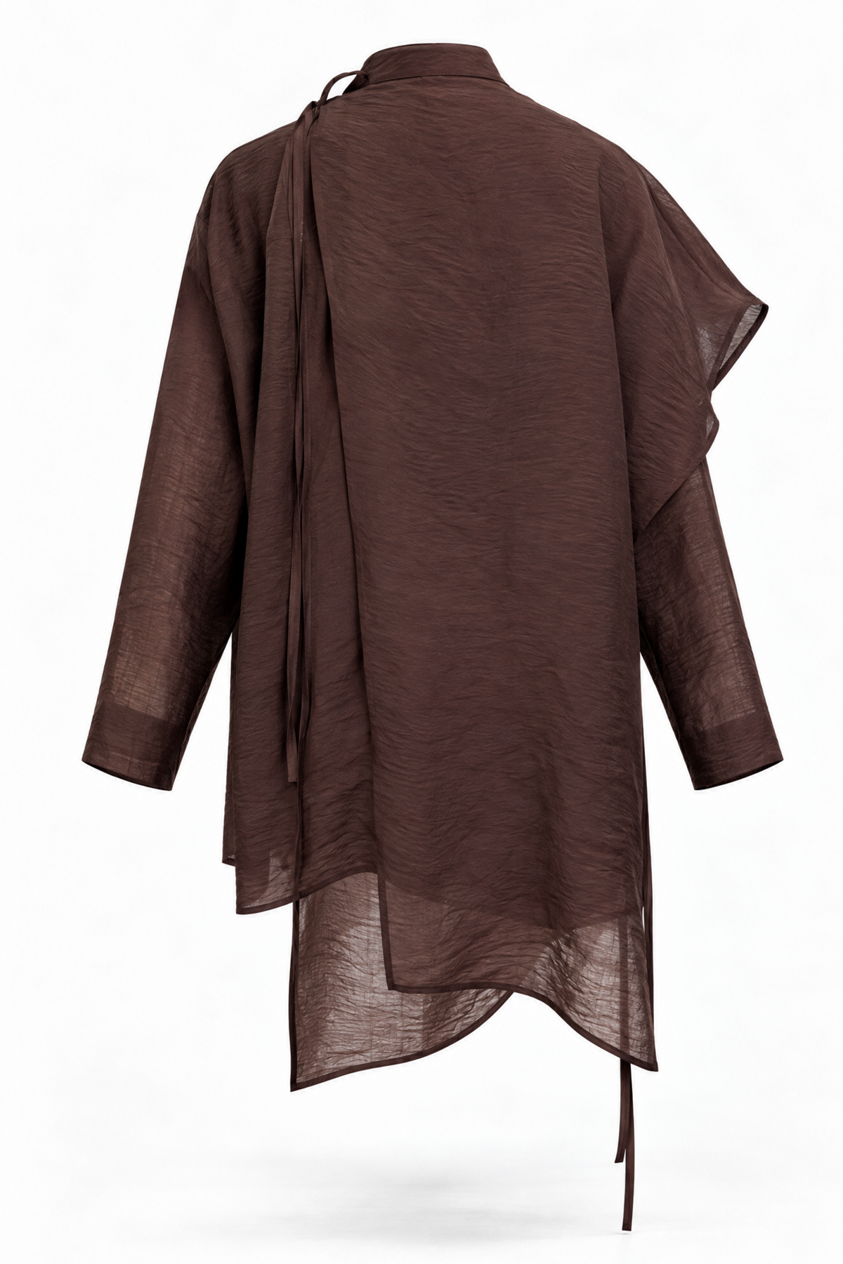 A dark brown, lightweight, semi-sheer wrap-style blouse with long sleeves, shown from the back on a white background.