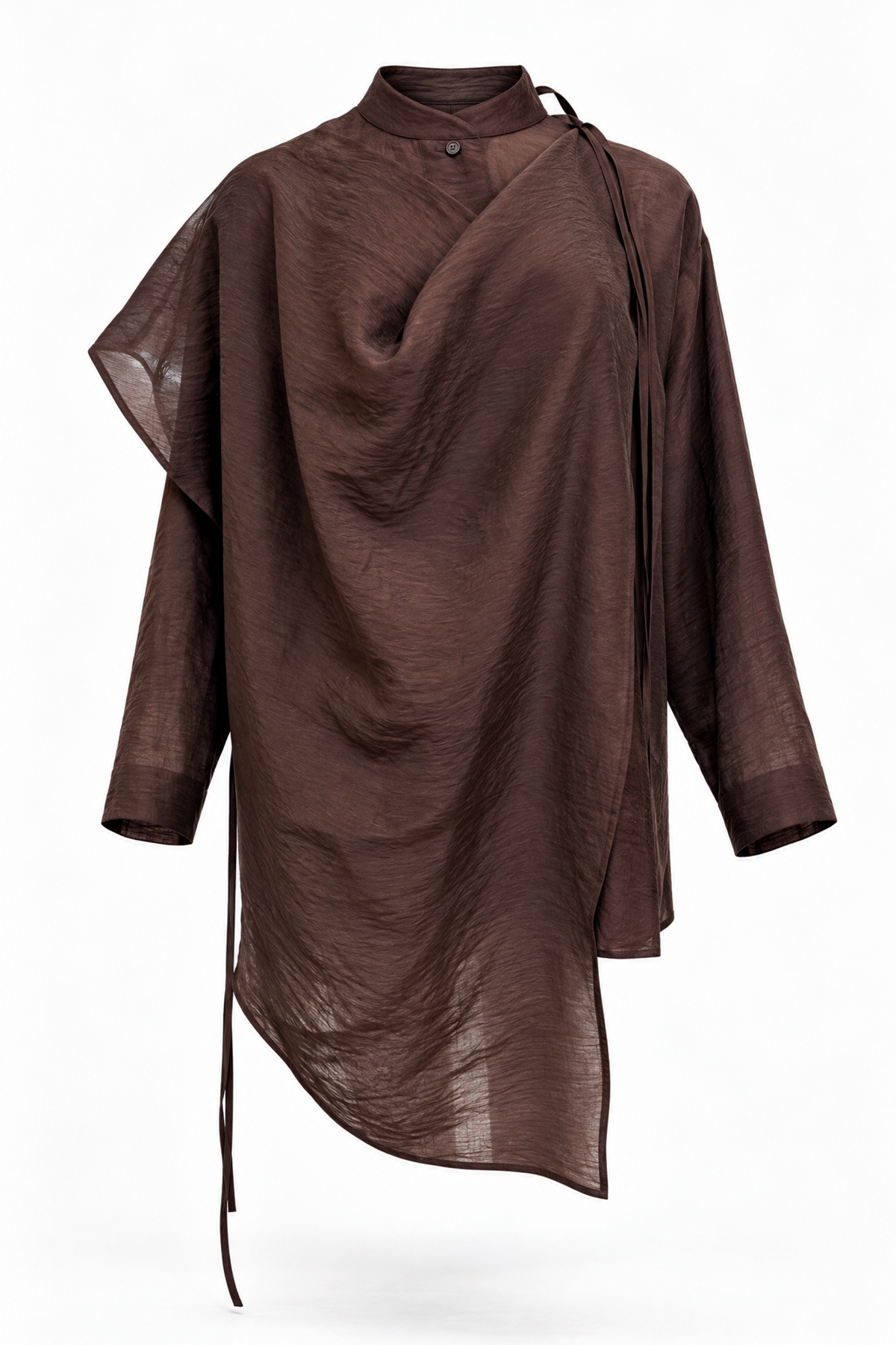 A dark brown crinkled linen wrap top with a high collar, long sleeves, and an asymmetrical draped design, shown on a white background.
