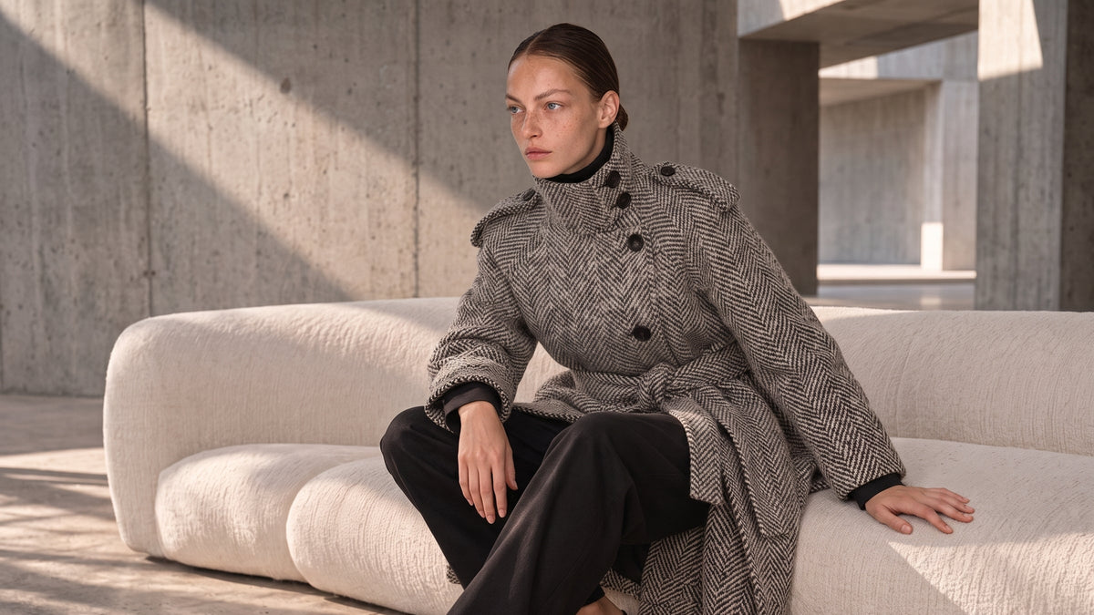A woman sits on a curved white sofa in a concrete architectural setting, wearing a textured gray herringbone coat with black buttons, black wide-leg trousers, and brown pointed flats.