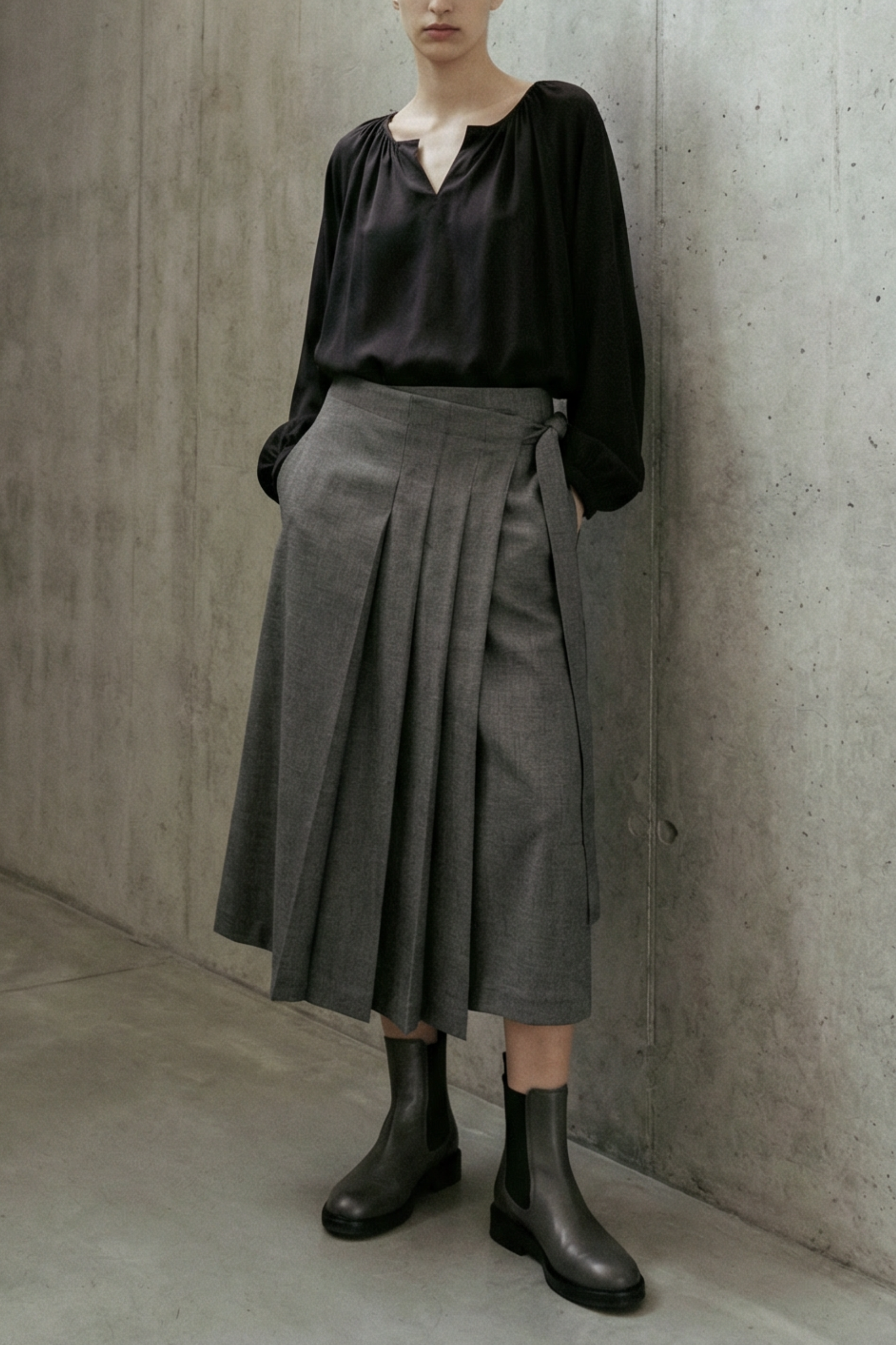 Person wearing a black top and gray skirt standing in a concrete room.