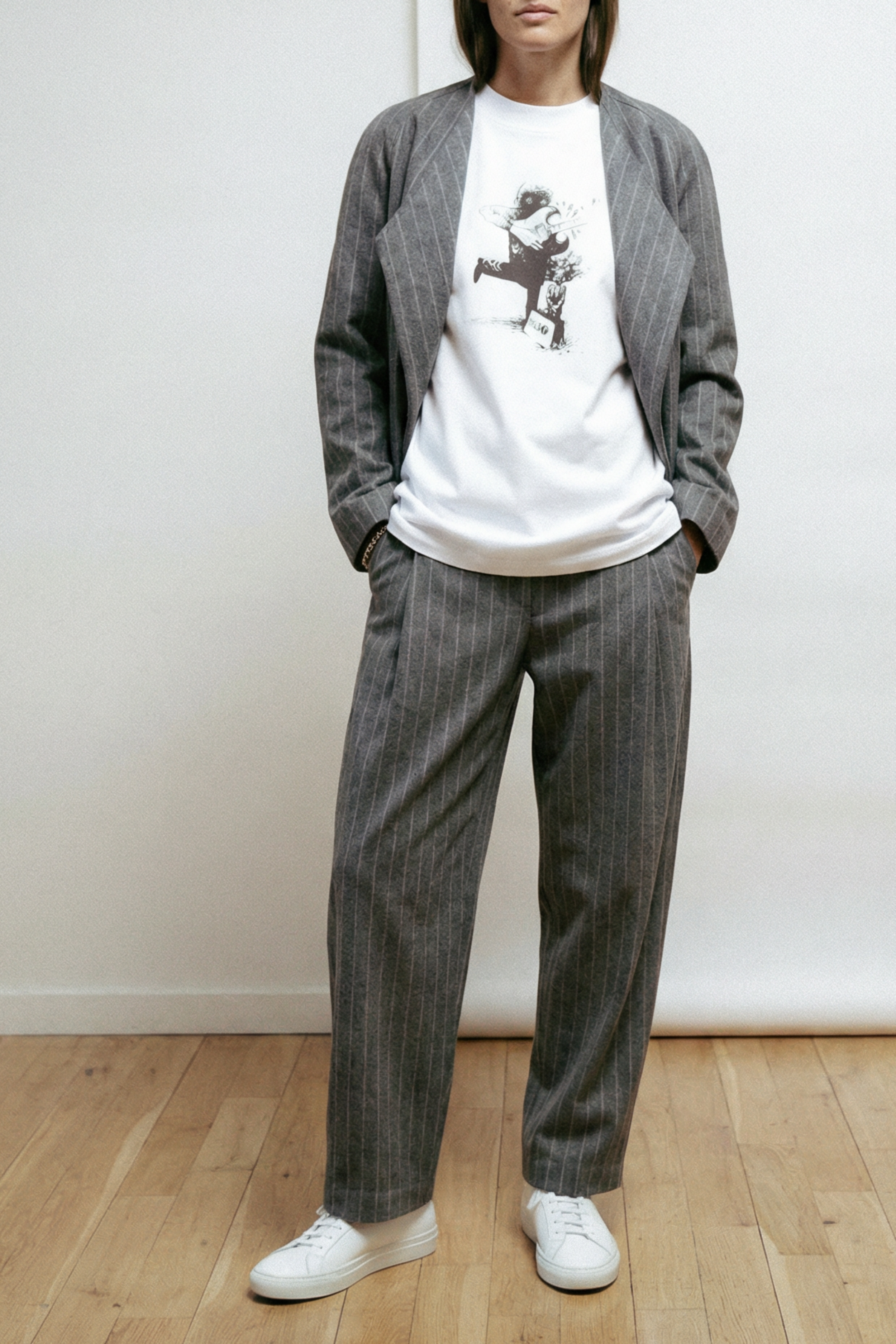 Grey wool jacket with grey trousers