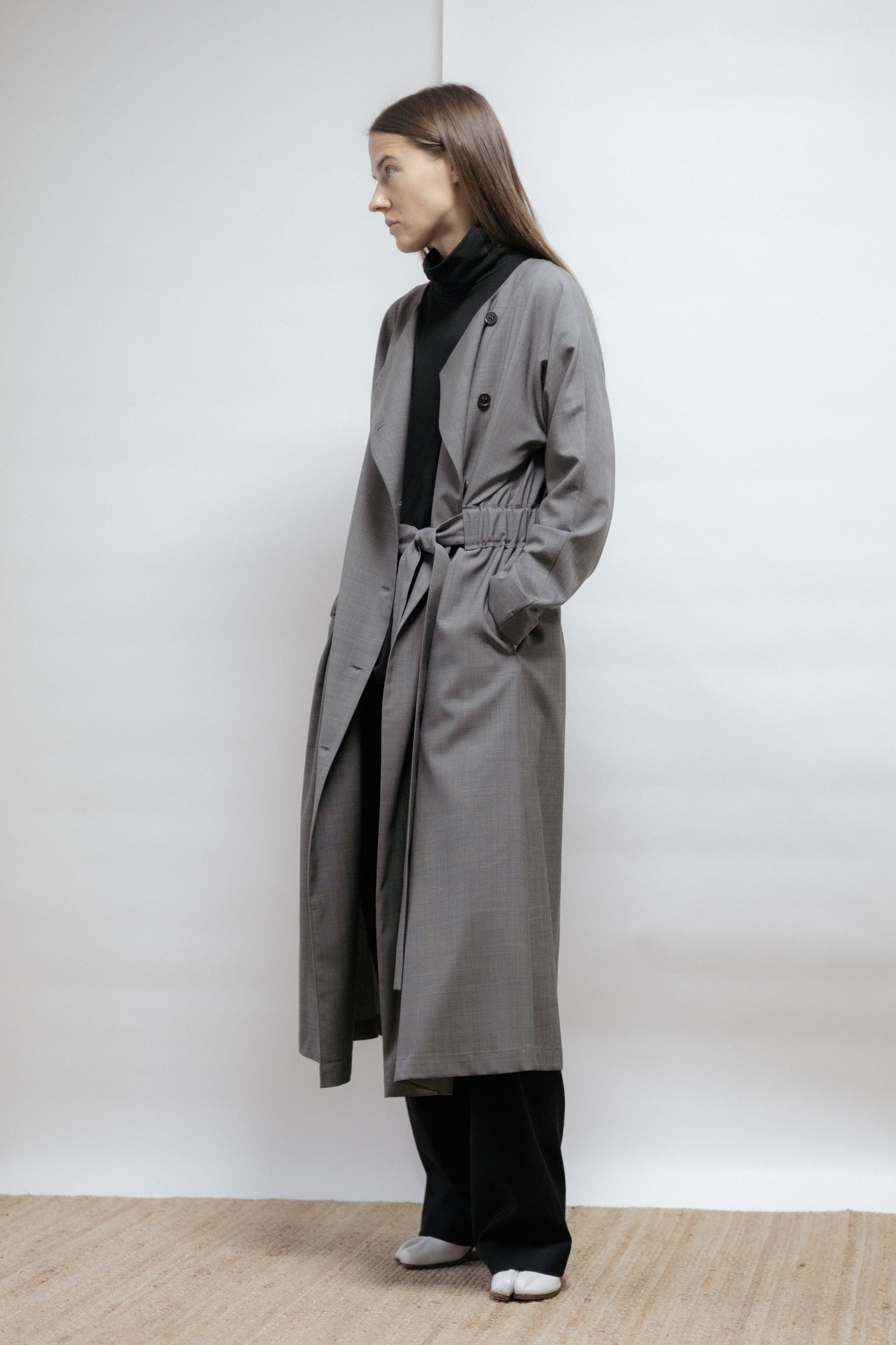 Grey virgin wool dress with kimono sleeves and waist belt. Can also be worn open as a long jacket. Made in Estonia.