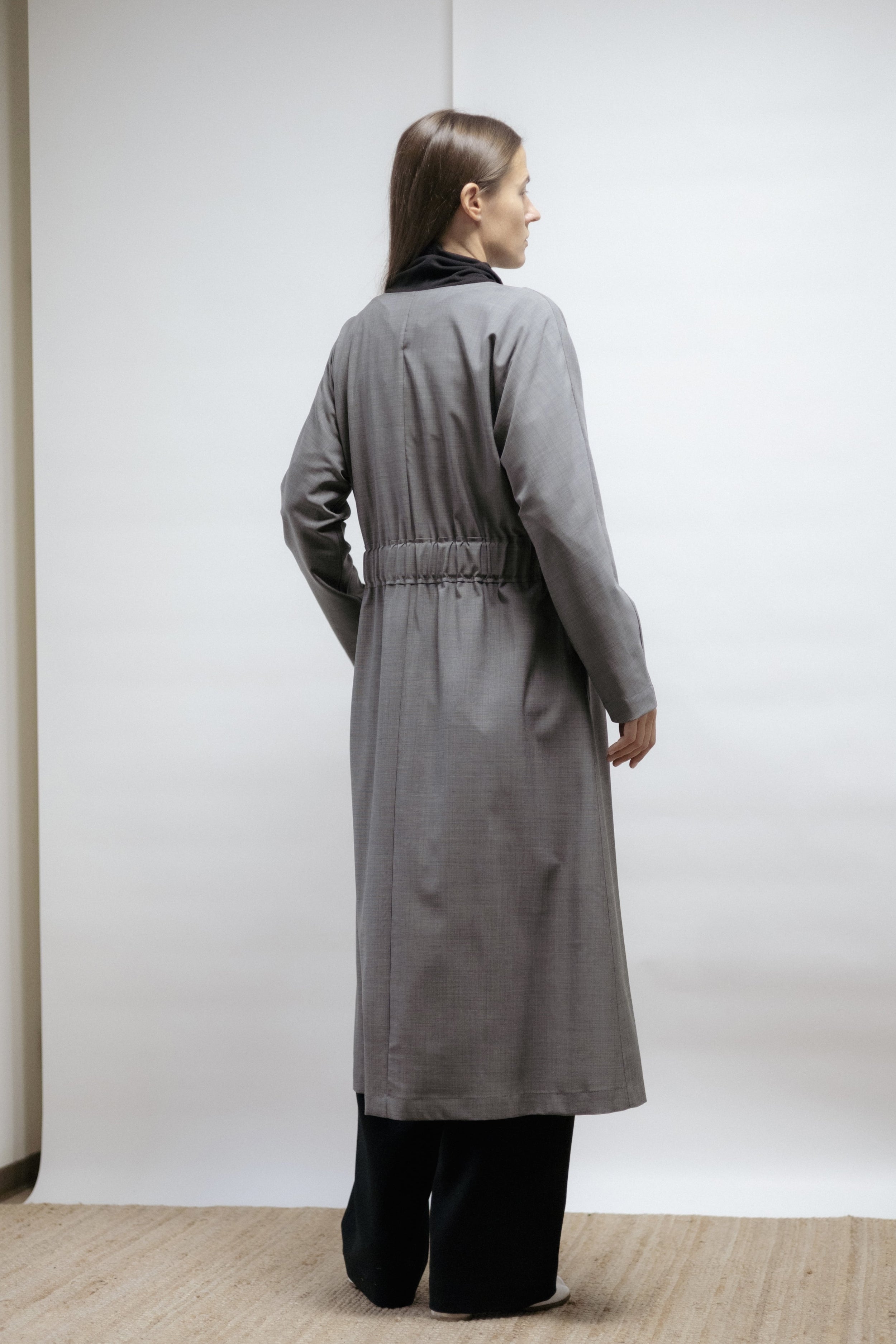 Grey virgin wool dress with kimono sleeves and belt. Lightweight fabric, can be worn as a dress or long jacket. Made in Estonia.