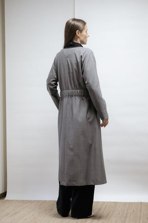 Grey virgin wool dress with kimono sleeves and belt. Lightweight fabric, can be worn as a dress or long jacket. Made in Estonia.