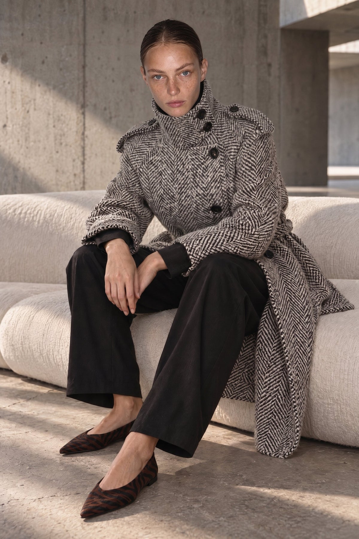 A model sits on a light beige textured sofa in a modern concrete setting, wearing a black and white herringbone patterned coat, black wide-leg trousers, and dark brown pointed flats.