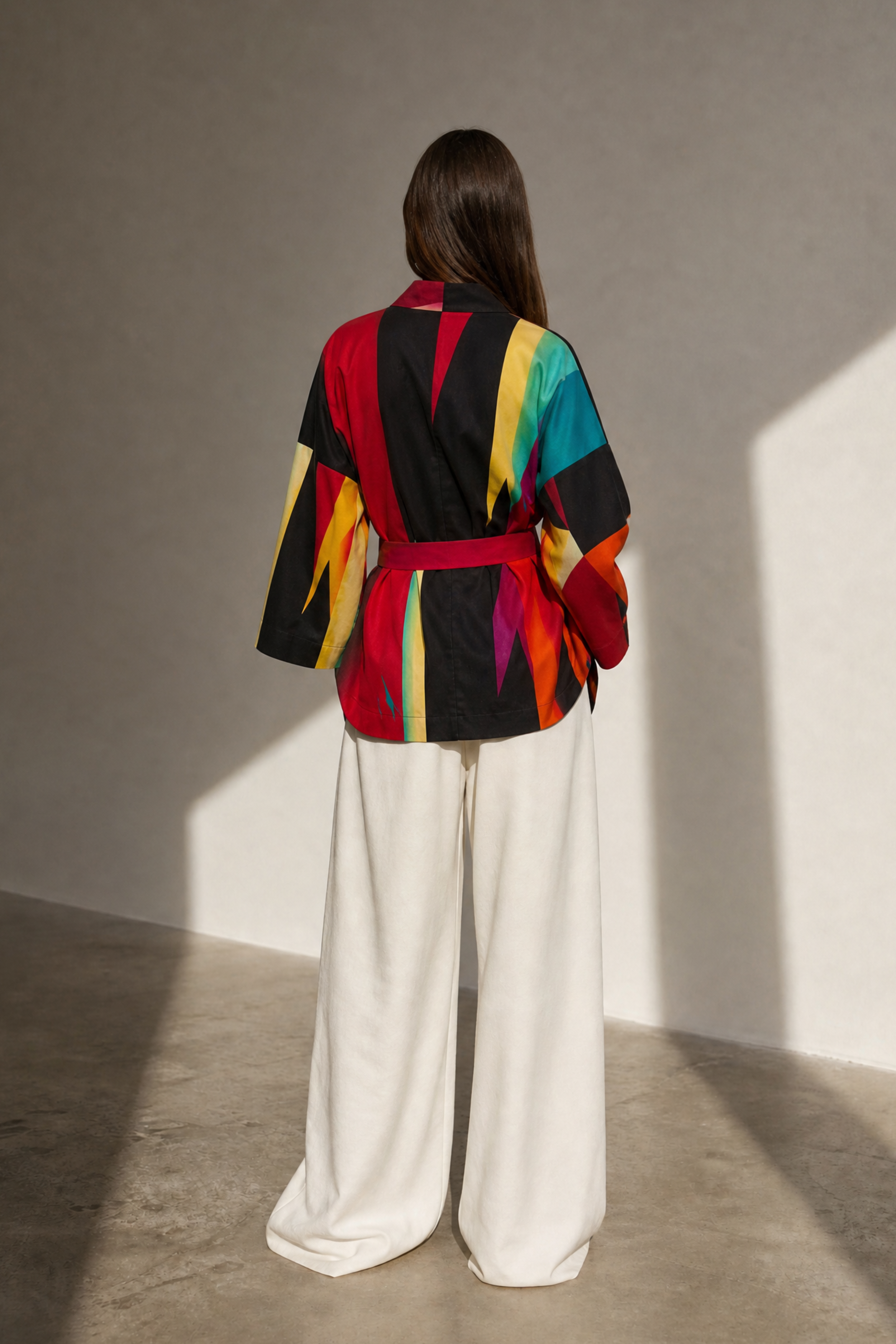 Person wearing a colorful jacket and white pants standing against a plain wall.
