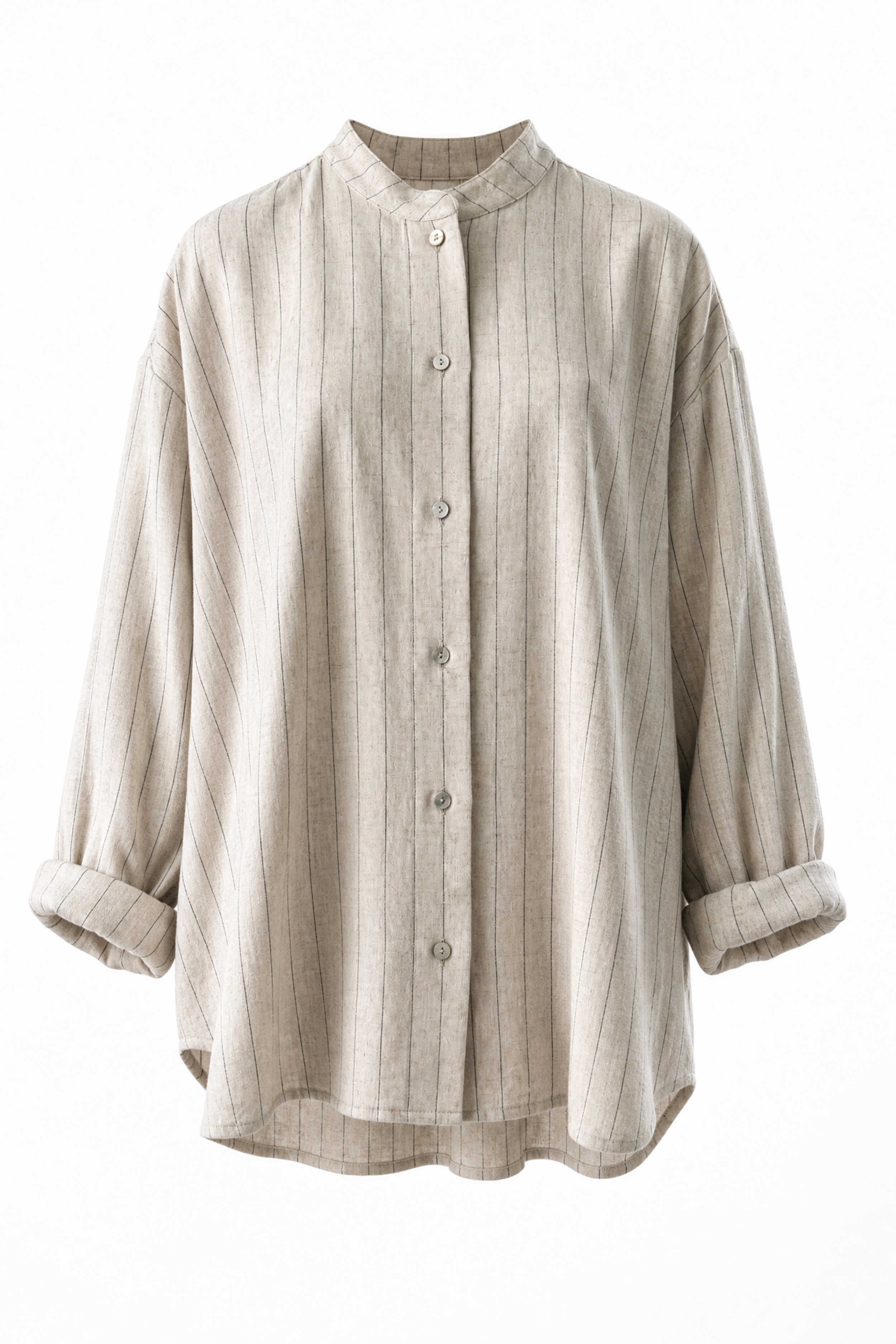 A light beige linen button-up shirt with vertical stripes, a mandarin collar, and rolled cuffs, shown against a plain white background.