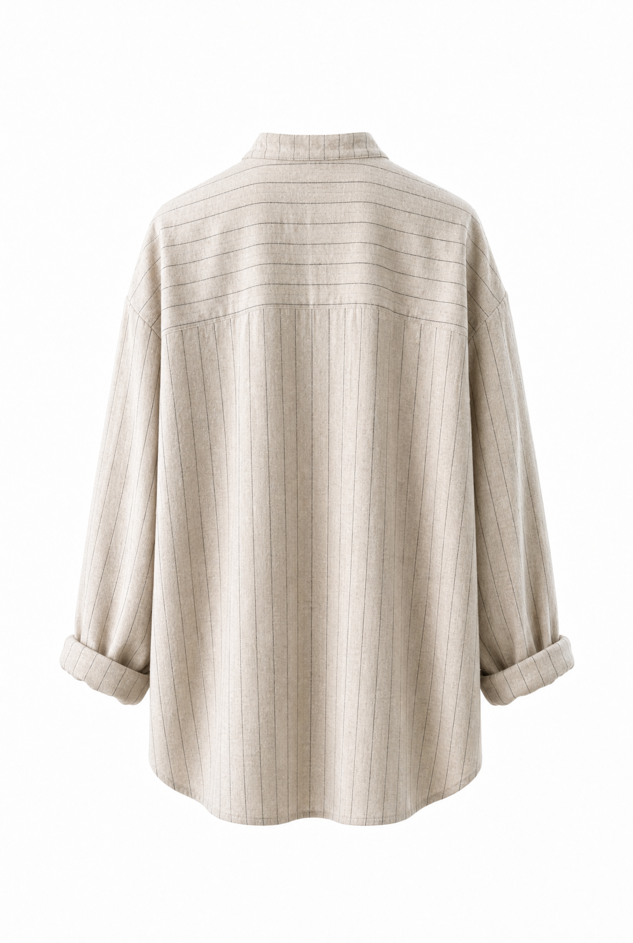 A light beige linen shirt with vertical textured stripes, shown from the back on a white background.