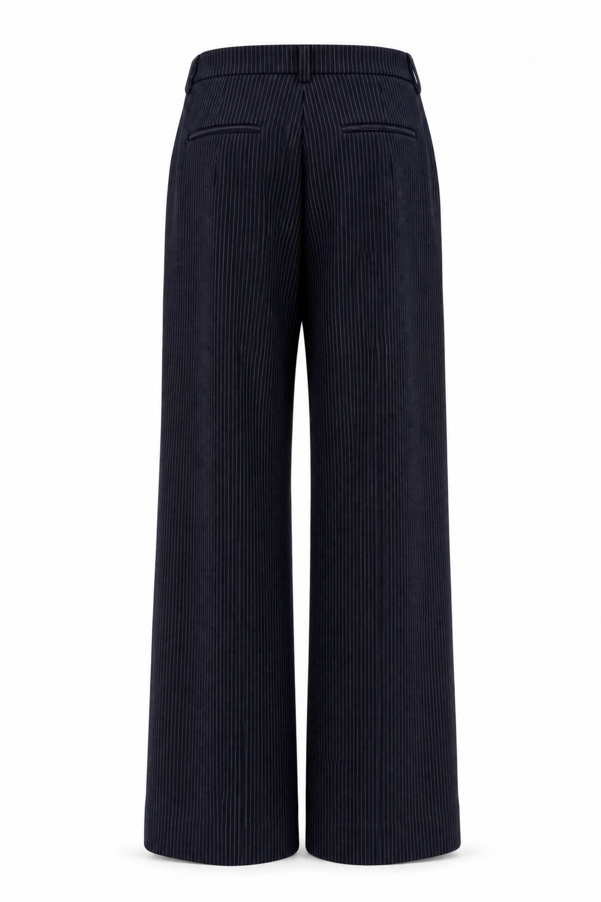 A pair of dark navy wide-leg trousers with vertical pinstripes, shown from the back against a plain white background.
