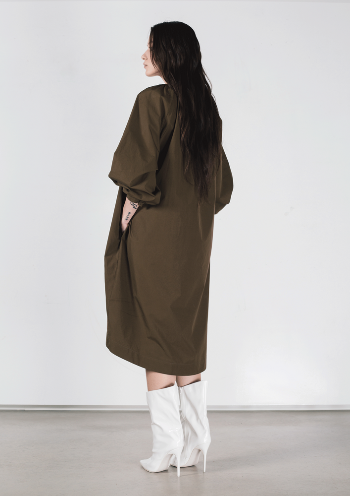 Puff-sleeve cotton dress in olive