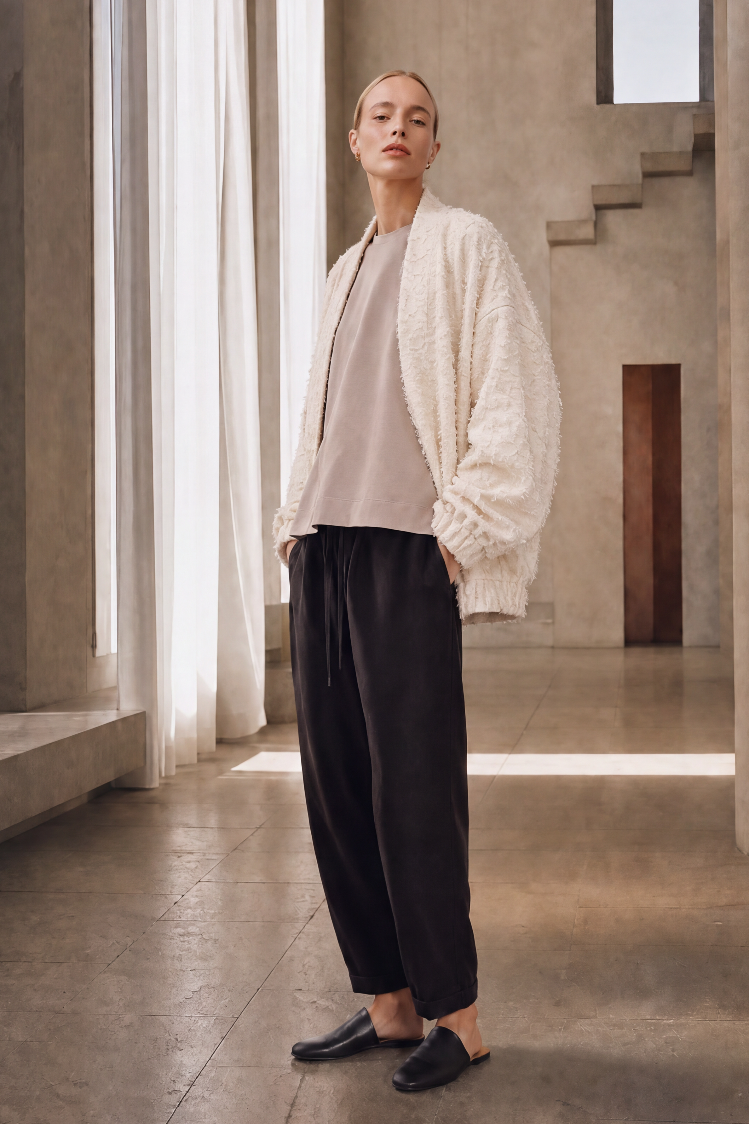 A model stands in a minimalist concrete building interior wearing a cream textured cardigan, a light beige top, black wide-leg trousers, and black loafers.